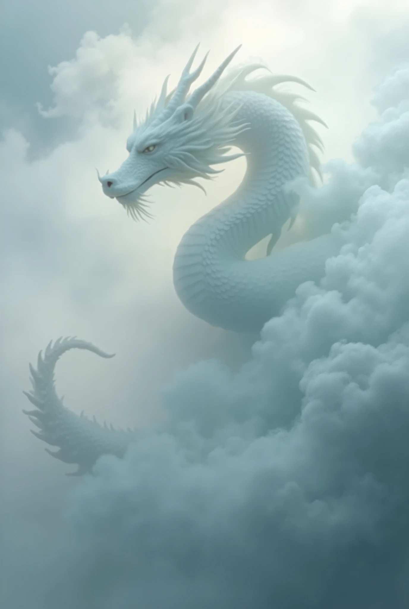 Amid the thick mist, a chinese white dragon’s silhouette moves with an elegant, fluid grace, like a whisper of ancient power