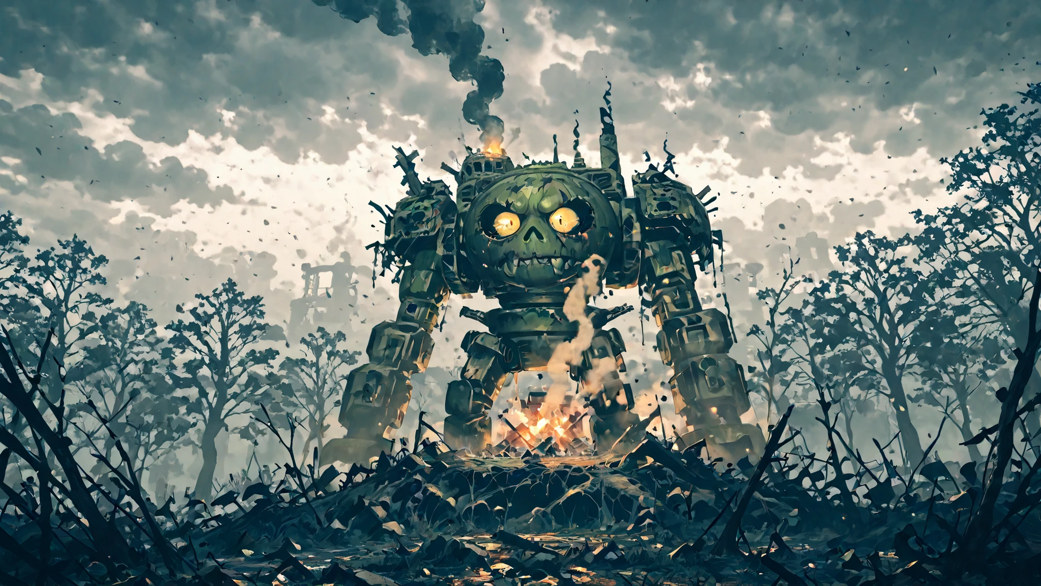 7-MadCat, a Mad Cat battlemech striding through a swamp, cloudy sky, broken trees, smoke in the distance