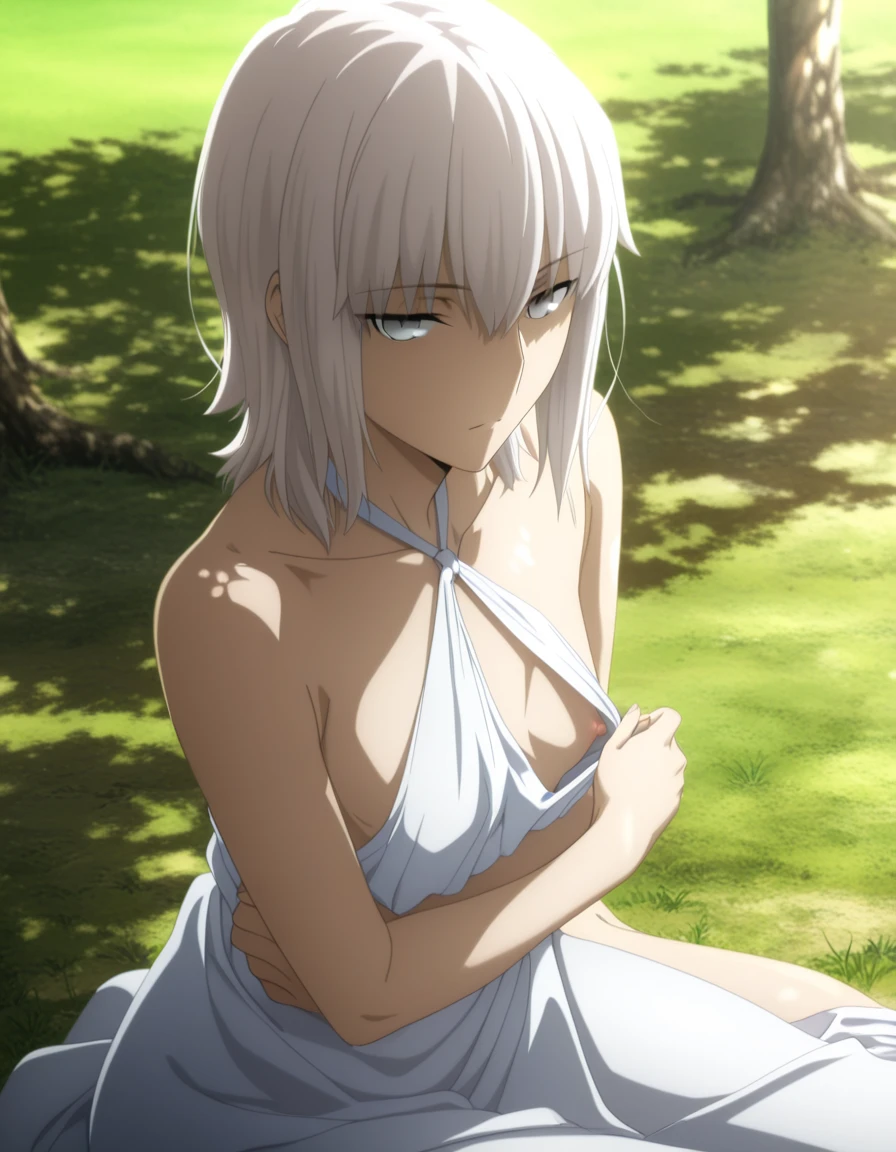 Silver hair, blue eyes, light skin, naked, bare naked, (covered eye by hair:1.5), Elizabeth, forest, grass, tree