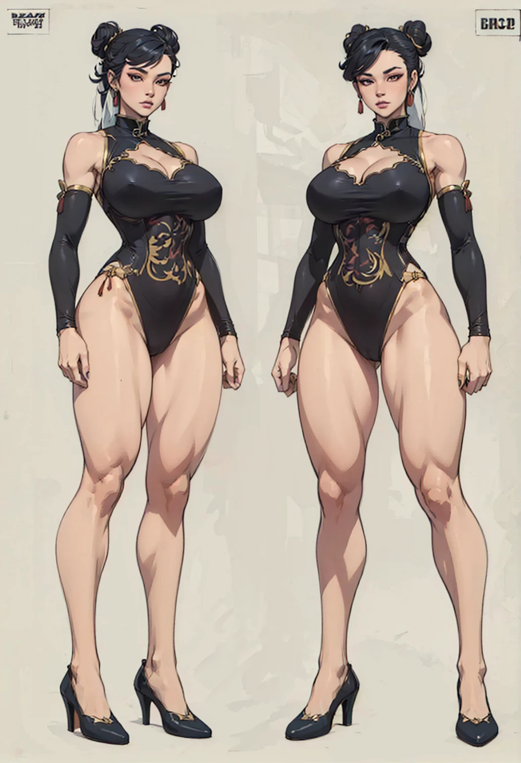 Sexy nude anime girl wearing a bikini face concept model sheet. Show front view, back view, side view. With no hair bald In the style of guilty gear strive. Same character. Show full body. show face details