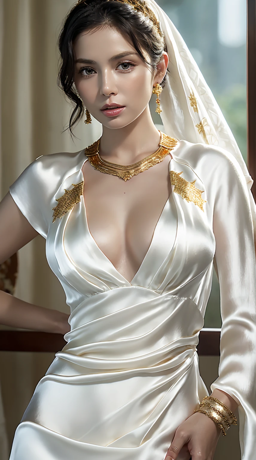 (realistic:1.3), finely detailed, quality, rembrandt lighting, (masterpiece:1.2), (photorealistic:1.2), (best quality), (detailed skin:1.3), (intricate details), dramatic, ray tracing, 1girl, french girl, 21 years old, detailed skin texture, (blush:0.5), (goosebumps:0.5), subsurface scattering, smiling, medium breasts, long hair curls, blonde hair, bangs, hair between eyes, earrings, jewelry, (black silk:1.5), dr3ss, halter neck, full sleeves, breasts apart, harness, cowboy shot, (bright sunny day, lavish, opulent, extravagant, luscious, indoors, aristocrat mansion), <lora:Outfit_DesertWrapDress:0.7>