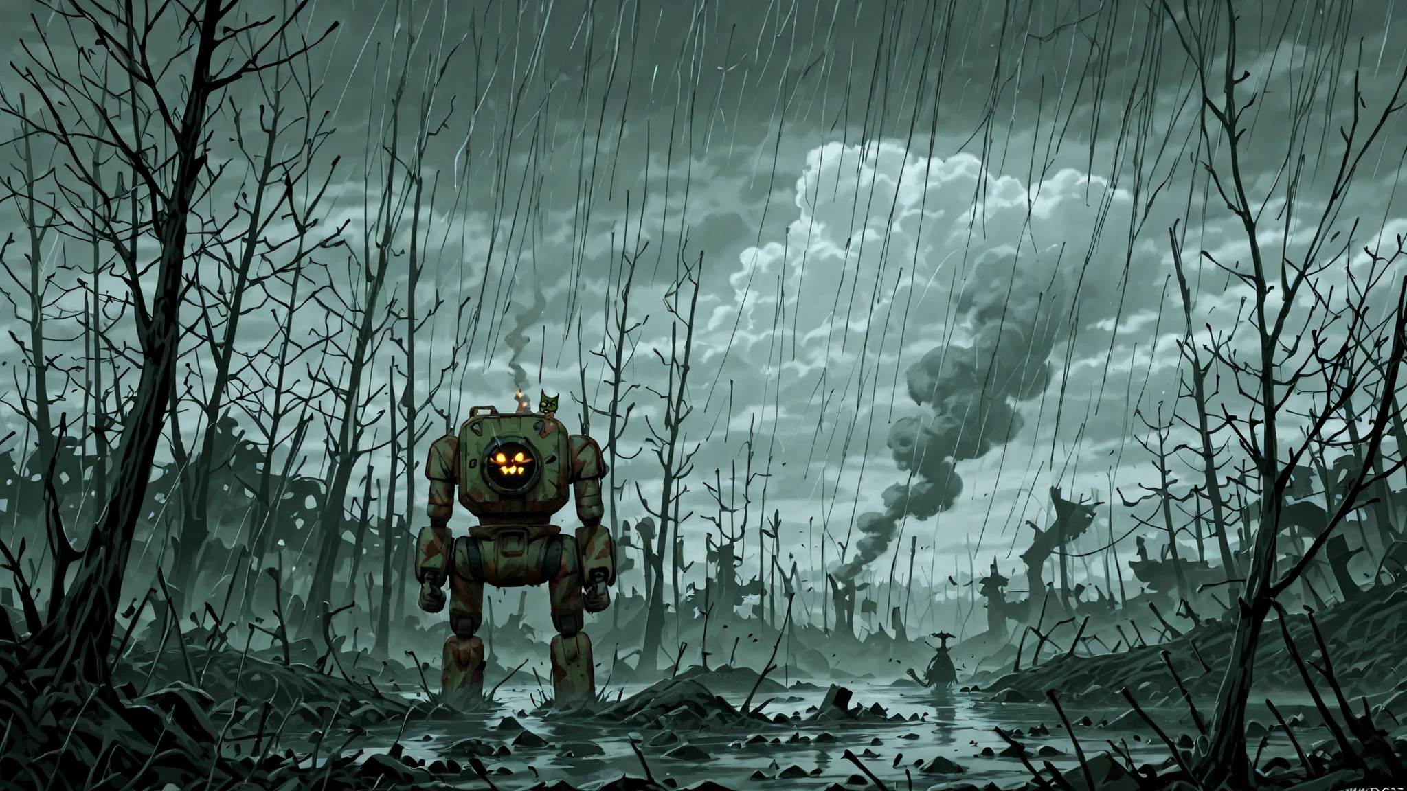 7-MadCat, a Mad Cat battlemech striding through a swamp, cloudy sky, broken trees, smoke in the distance