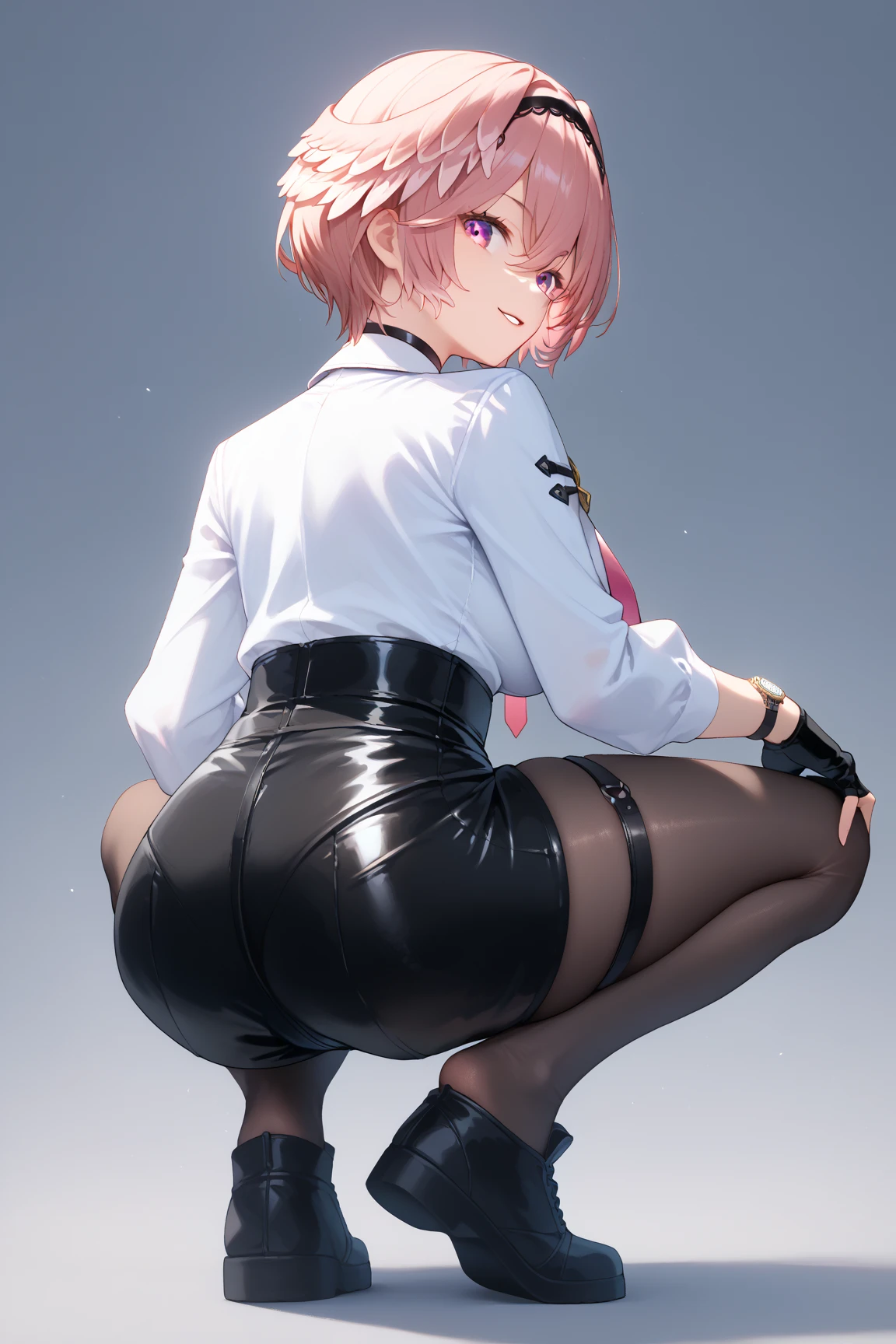 1girl, pantyhose, skirt, solo, shirt, white_shirt, looking_at_viewer, black_footwear, pencil_skirt, ass, black_skirt, long_sleeves, necktie, eyewear_on_head, smile, long_hair, sunglasses, office_lady, breasts, black_pantyhose, closed_mouth, bent_over, bangs, collared_shirt, pink_eyes, red_necktie, ponytail, black_pantyhose, miniskirt, white background, simple background, sidelocks, hair_intakes, leaning_forward, from behind, ass, arm on own ass, spreading own ass, grabbing own ass