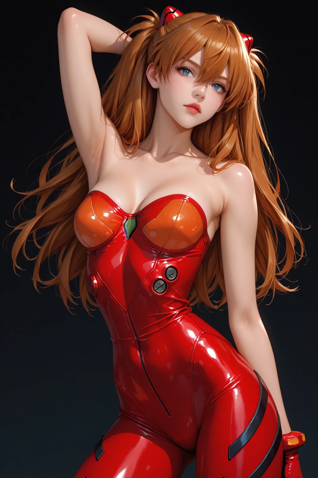 Asuka langley evangelion, a stunning young woman, beautiful, cute, full lips, happy, horny, arms up and hands behind head, trendy attire, wearing red latex leotard, realistic, super detail, ((masterpiece)), (cinematic lighting), ((dark lighting)), large perky breasts, huge thigh gap, thin body, lean body, fit butt, bare butt cheeks, tiny waist