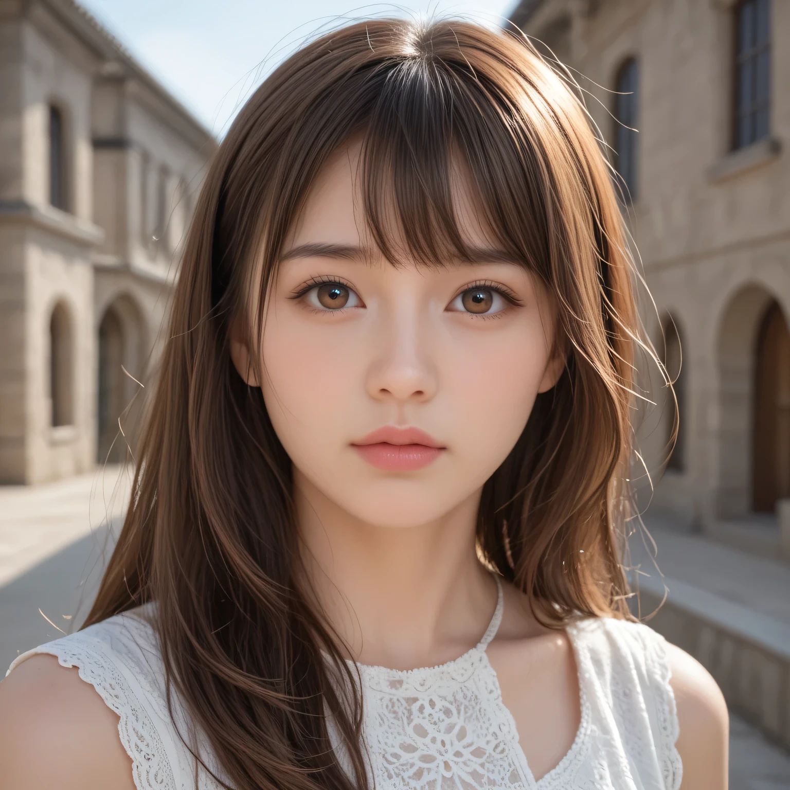 (Photorealistic: 1.4), (Hyperrealistic: 1.4), Portrait photography, Close-up face, (Professional cinematic lighting, key light, fill light, backlight), Masterpiece, Ultra high resolution, 8K, One beautiful Japanese girl, looking away, brown eyes, She has a pure and clean appearance, Intelligent, Sad, Busty, Her long hair is blowing in the wind, Bangs, Skin texture, Ultra-detailed, Ultra-detailed face, Detailed lips, Detailed eyes, Detailed body skin, Summer dress, Slim, narrow waist, skinny,
In the background, you can see the courtyard with stone steps of an Italian stone house.
