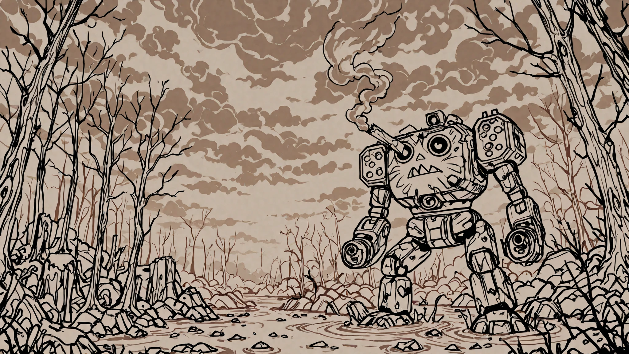 Lineart, sketch, 7-MadCat, a Mad Cat battlemech striding through a swamp, cloudy sky, broken trees, smoke in the distance