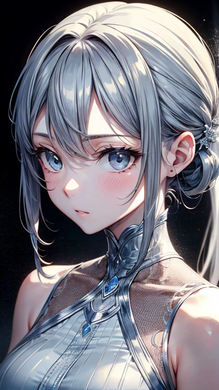 a beautiful female, three kind of styles, normal humman, angle, devil, a lake reflecting three sides, gradient hair, black hair, silver hair, long hair, hair behind ear, eye reflection, multiple views, close-up, ray tracing, reflection light, chiaroscuro, polar opposites, symmetry, partially underwater shot, masterpiece, best quality, high quality, ccurate, anatomically correct, textured skin, high details, UHD, HD
