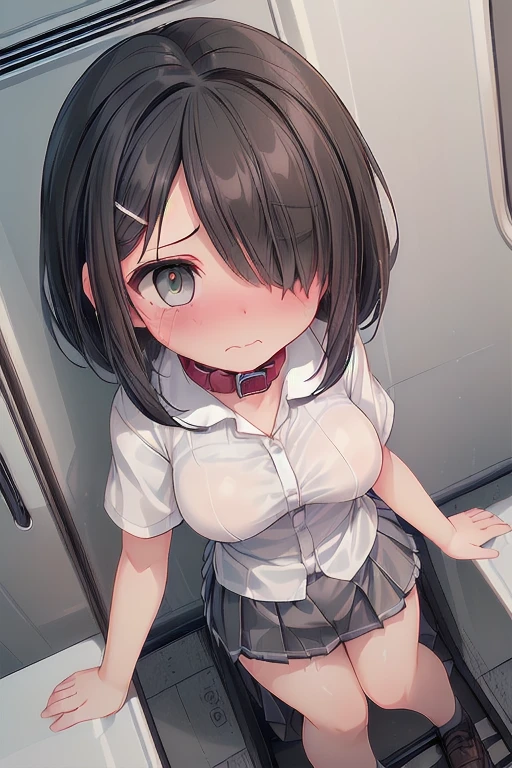 (((medium breasts))), ((best quality)), ((masterpiece)), ((detailed)), (((perfect face))), ((((slender 16yo teenage girl sitting in front seat of car)))), (((black car interior)))) (((((topless))))), (((dark blue pleated skirt from waist to thighs))), (((short ponytail))), (((blue eyes))), (((brown hair))), ((shy:1.3)), ((blushing:1.5)), ((skinny thighs)), ((skinny hips)), (((bare arms))), (((bare shoulders))), (((bare stomach)))