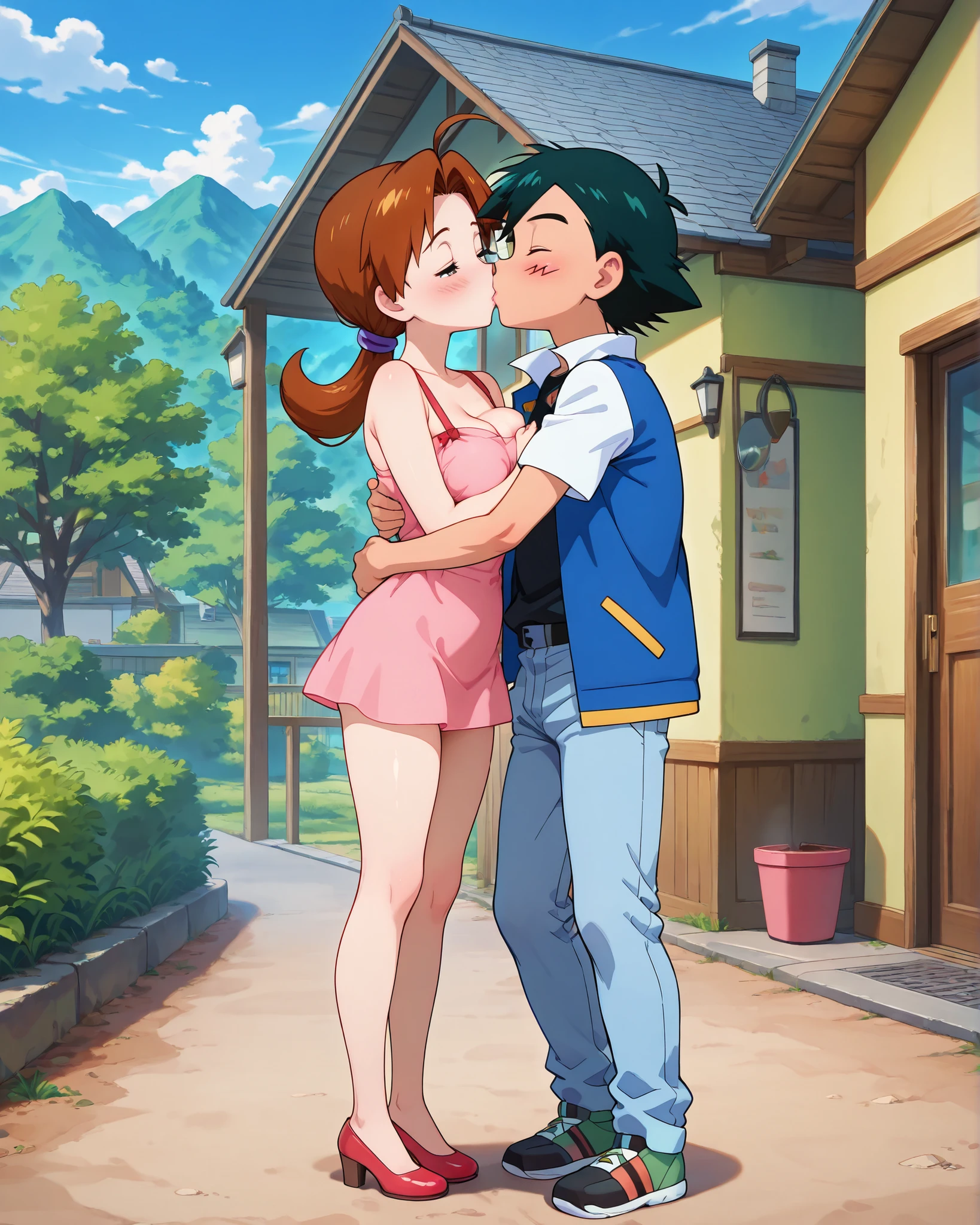 masterpiece, amazing quality, best quality, ultra-detailed, 8K, illustration, clear skin, ultra-detailed-eyes, soft skin, very awa, very as2, soft body, official art, 1boy, Ash Ketchum, 1girl, Delia Ketchum, medium breast, kissing, lip kissing, Ash kissing Delia, the boy kissing the girl, franch kiss,In love, no ponytail, full body pic including legs, hug, Ash and delia hugging each other, Delia pressing her breasts against Ash, indoor, house, mini dress