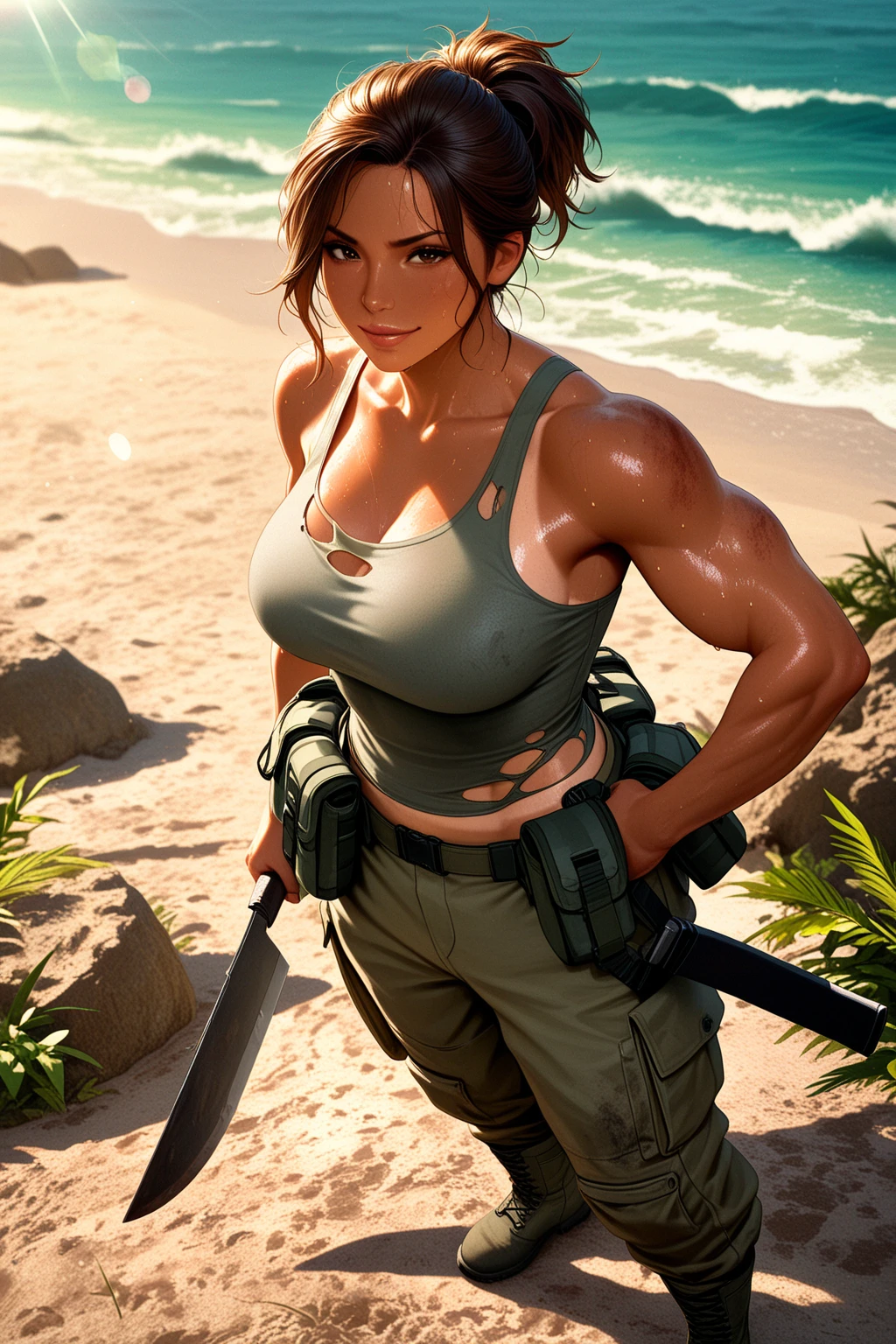 quiet (metal gear), <lora:Quiet:.9>, masterpiece, best quality, cowboy shot, 1girl, solo, toned, dirty, beach, bikini, dirty face, dirt
