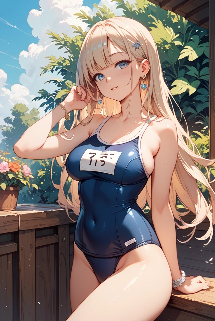 1girl, solo, <lora:Ushio Kofune_V2-000005:0.6>, Ushio Kofune, blonde hair, long hair, straight hair, blue eyes, blush, blonde eyelashes, blue one-piece swimsuit, (masterpiece:1.2), highres, best quality, 8k, very clear,