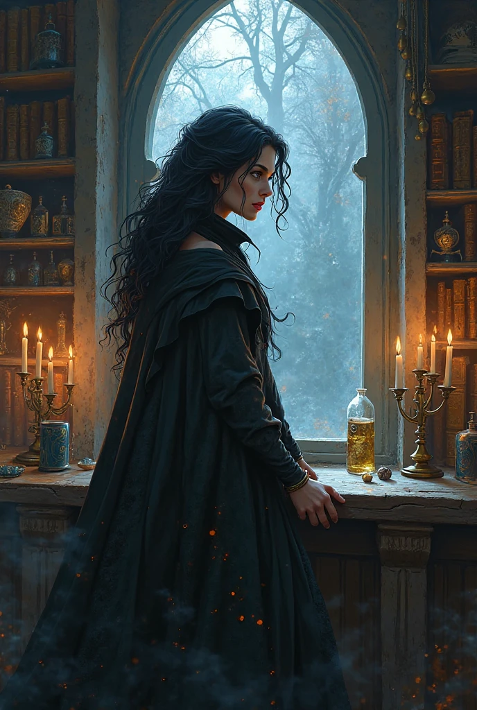 realistic, masterpiece, best quality, mixing potions, dark moody lighting, glow, glowing, mysterious, mystical, magical, rim lighting