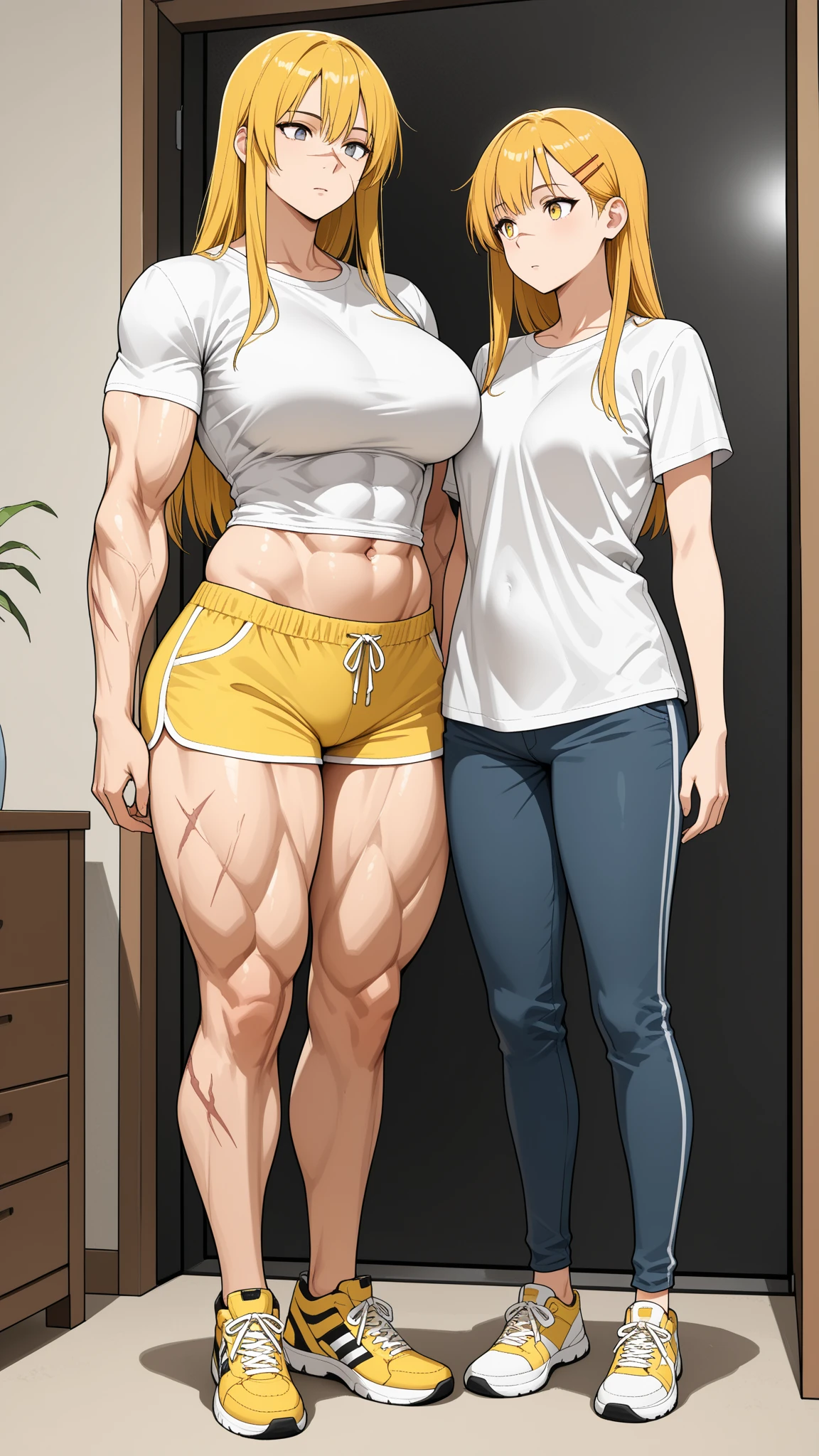 detailed illustration, (front view), (side view),dynamic angle, ultra-detailed, illustration, clean line art, shading, anime, detailed eyes, detailed face, beautiful face, dramatic lighting, detailed illustration, dynamic angle, ultra-detailed, illustration, (single woman: 1.8), masterpiece, masterwork, beautiful, (1 woman:1.8),
Fit, toned abs, muscular abs, detailed abs, big tits, creamy white skin, pale skin tone, wide hips, thunder thighs, long blonde hair, hair over one eye, strong biceps, naked under a open lab coat, glasses, bulky frame, milf, mature, older woman, tall, broad shoulders, very muscular, huge, bulky body, brawny, masculine woman, gym gorilla, one hand in pocket, massive body, big body, proud, narcissistic, vain, self importance, wide shoulders, big shoulders, thighs touching, anatomically correct body, bulging muscles, dominant and breedable, older woman, physically huge,
