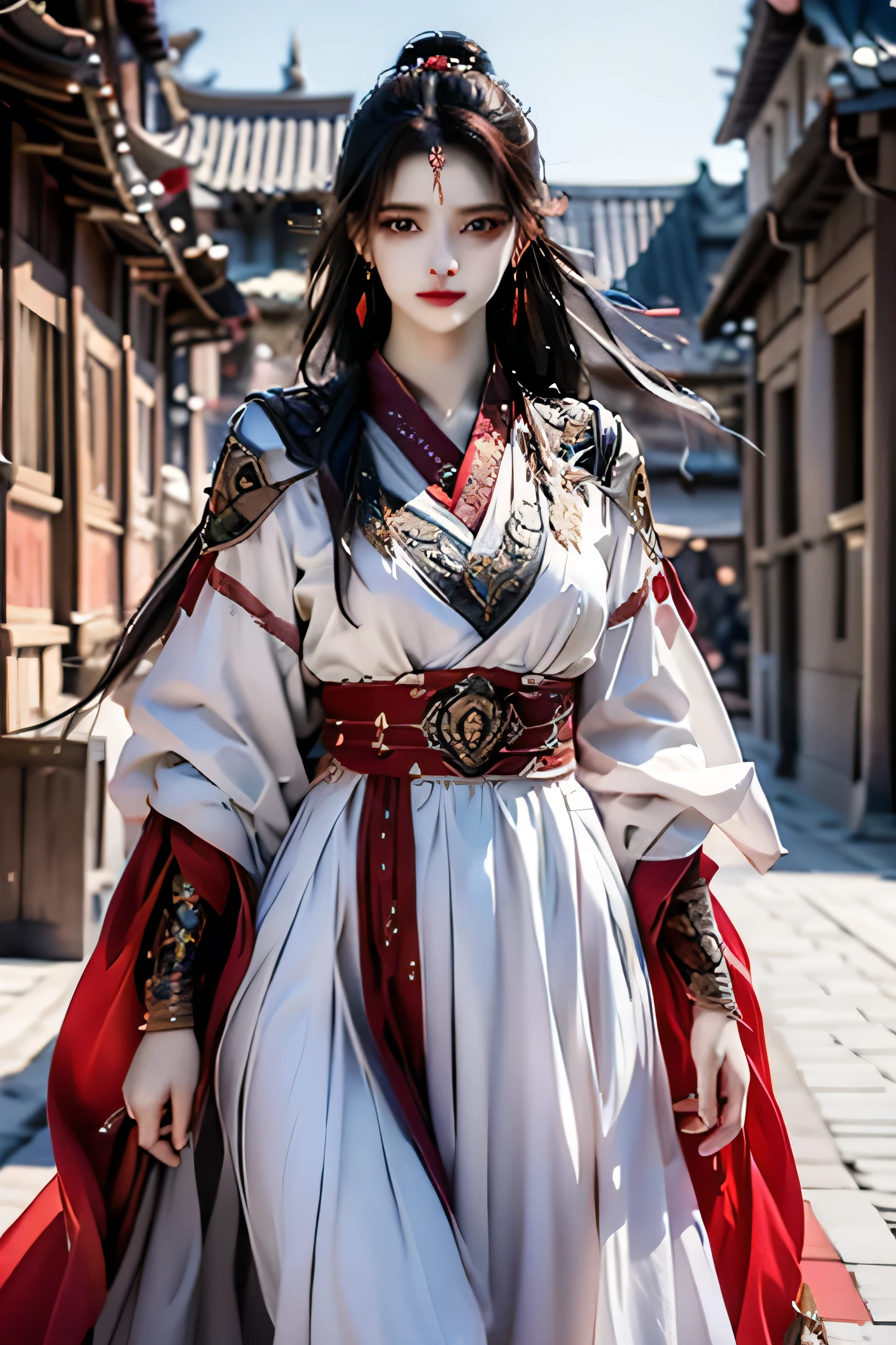 best quality, masterpiece, highres, official art, extremely detailed cg unity 8k wallpaper, jiapliqiao, 1girl, long hair, 1girl, jewelry, solo, hair ornament, makeup, realistic, ((white dress)), ((devilish smile))