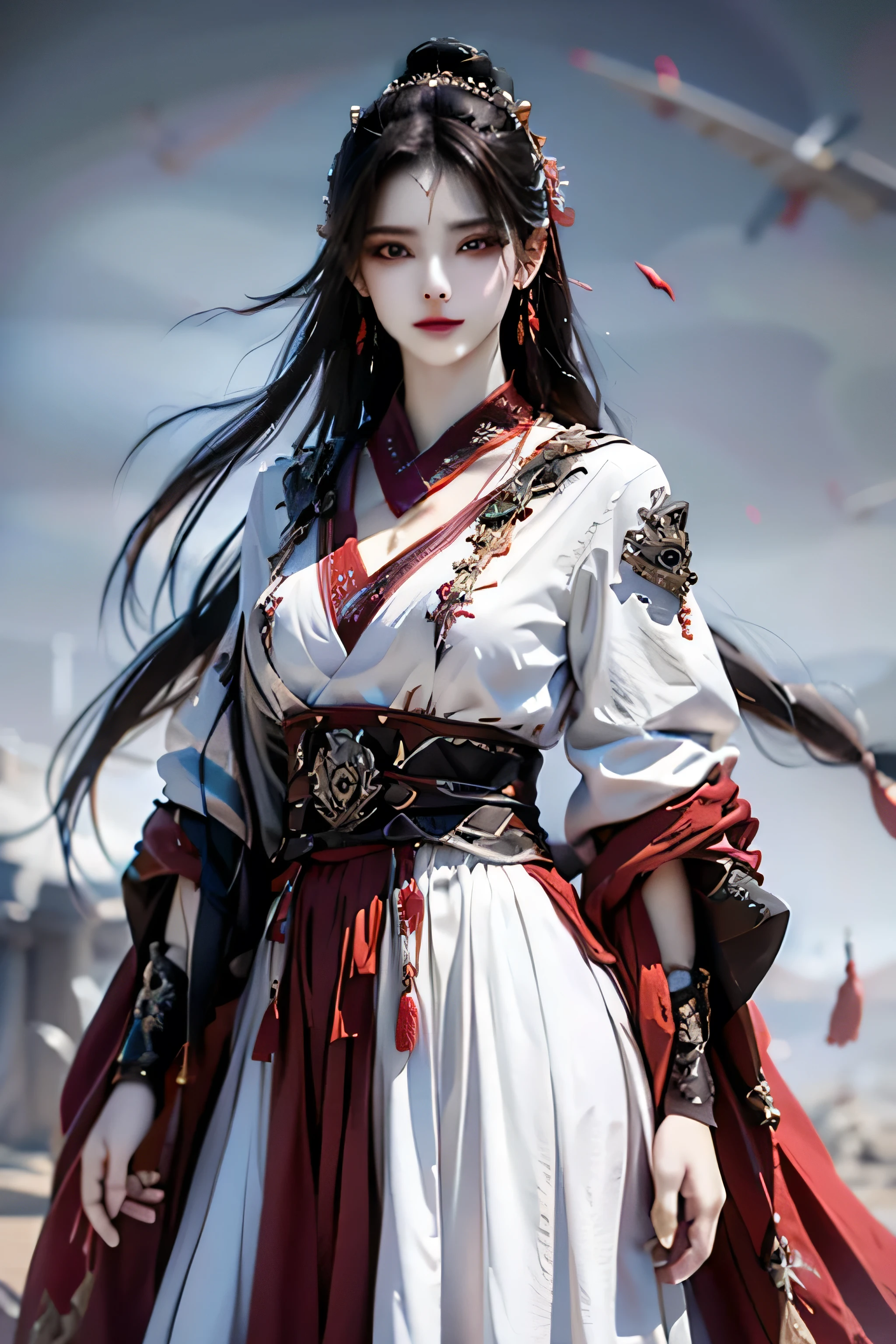 best quality, masterpiece, highres, official art, extremely detailed cg unity 8k wallpaper, jiapliqiao, 1girl, long hair, 1girl, jewelry, solo, hair ornament, makeup, realistic, ((white dress)), ((devilish smile))