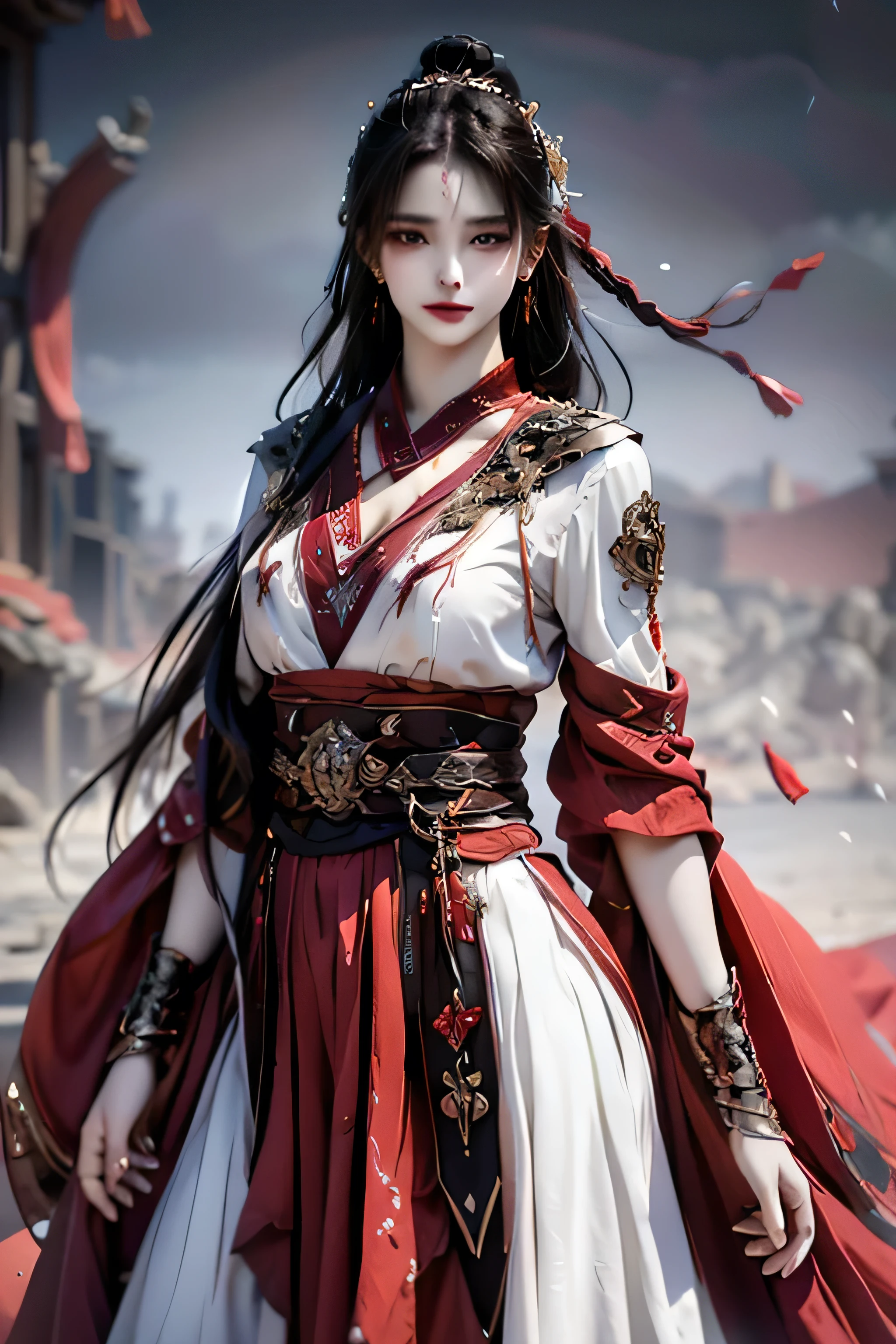 best quality, masterpiece, highres, official art, extremely detailed cg unity 8k wallpaper, jiapliqiao, 1girl, long hair, 1girl, jewelry, solo, hair ornament, makeup, realistic, ((white dress)), ((devilish smile))