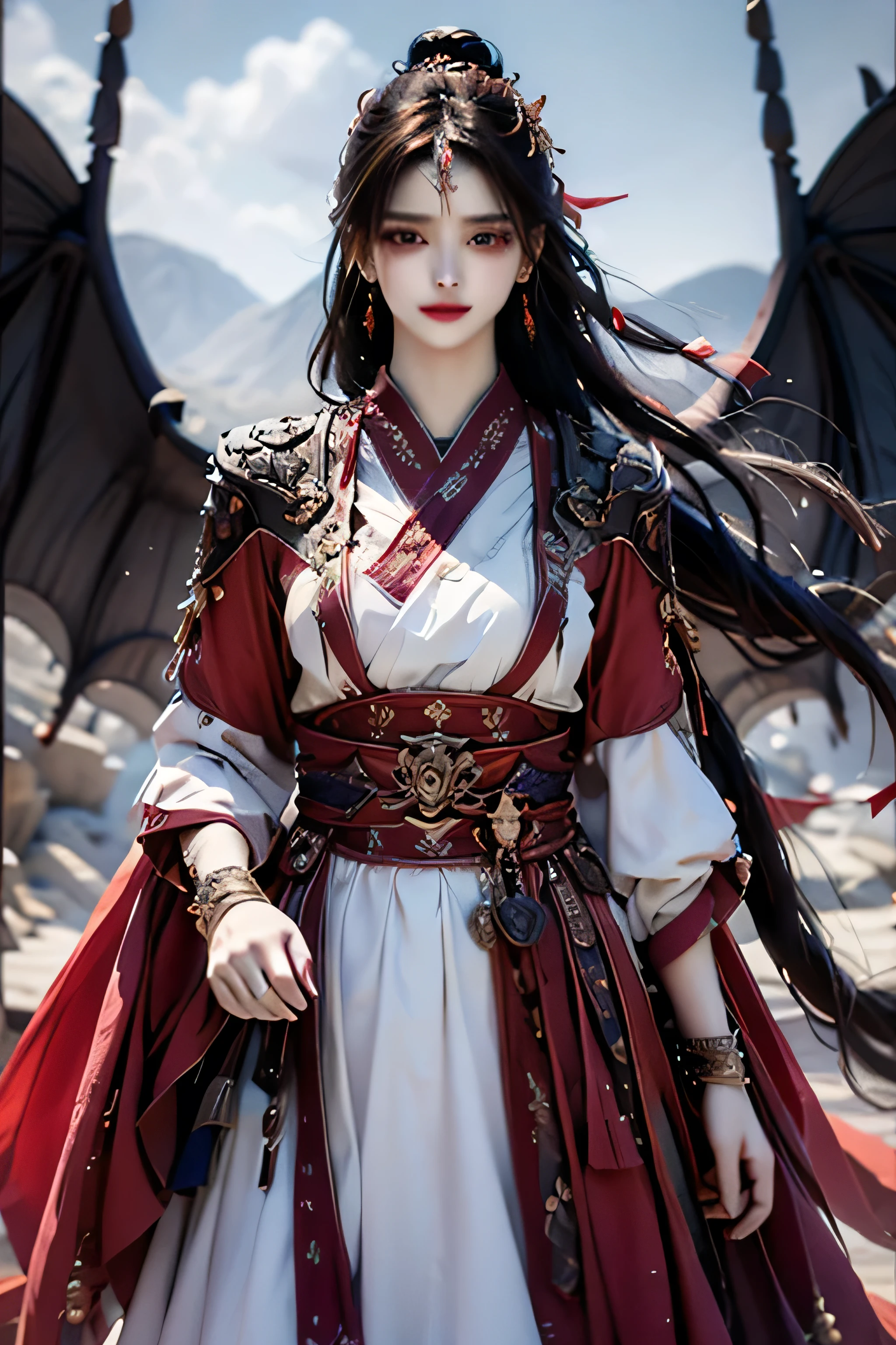 best quality, masterpiece, highres, official art, extremely detailed cg unity 8k wallpaper, jiapliqiao, 1girl, long hair, 1girl, jewelry, solo, hair ornament, makeup, realistic, ((white dress)), ((devilish smile))