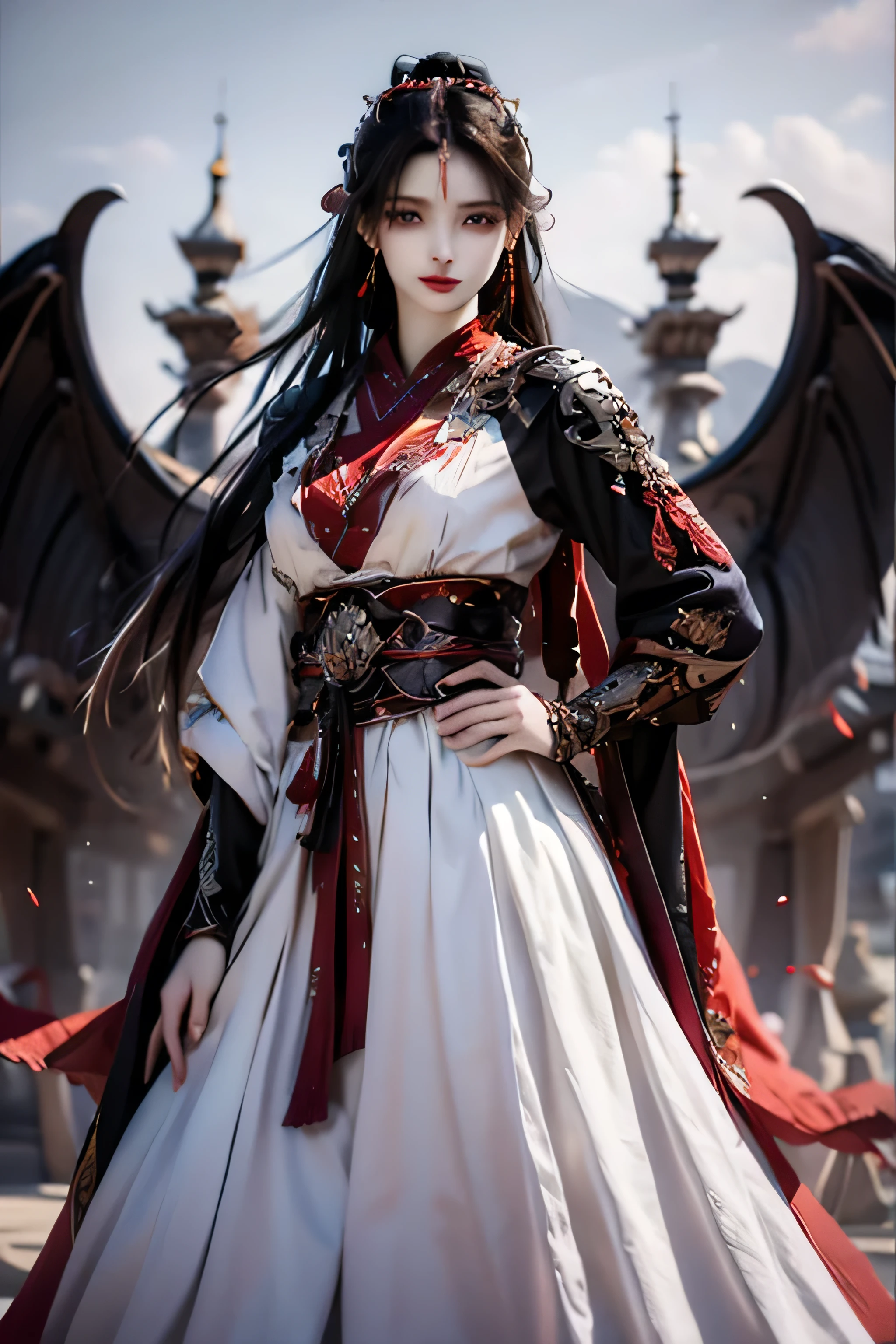 best quality, masterpiece, highres, official art, extremely detailed cg unity 8k wallpaper, jiapliqiao, 1girl, long hair, 1girl, jewelry, solo, hair ornament, makeup, realistic, ((white dress)), ((devilish smile))