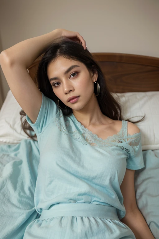 1girl, high quality, high resolution, 4k, 13 year old, lying sideways in bed, lying on her side in bed, solo, long hair, breasts, , , looking at viewer, blonde hair,  shoulders, brown eyes, jewelry, full body, necklace, off shoulder, sexy pijama dress, lips, realistic, nose,  with camera
