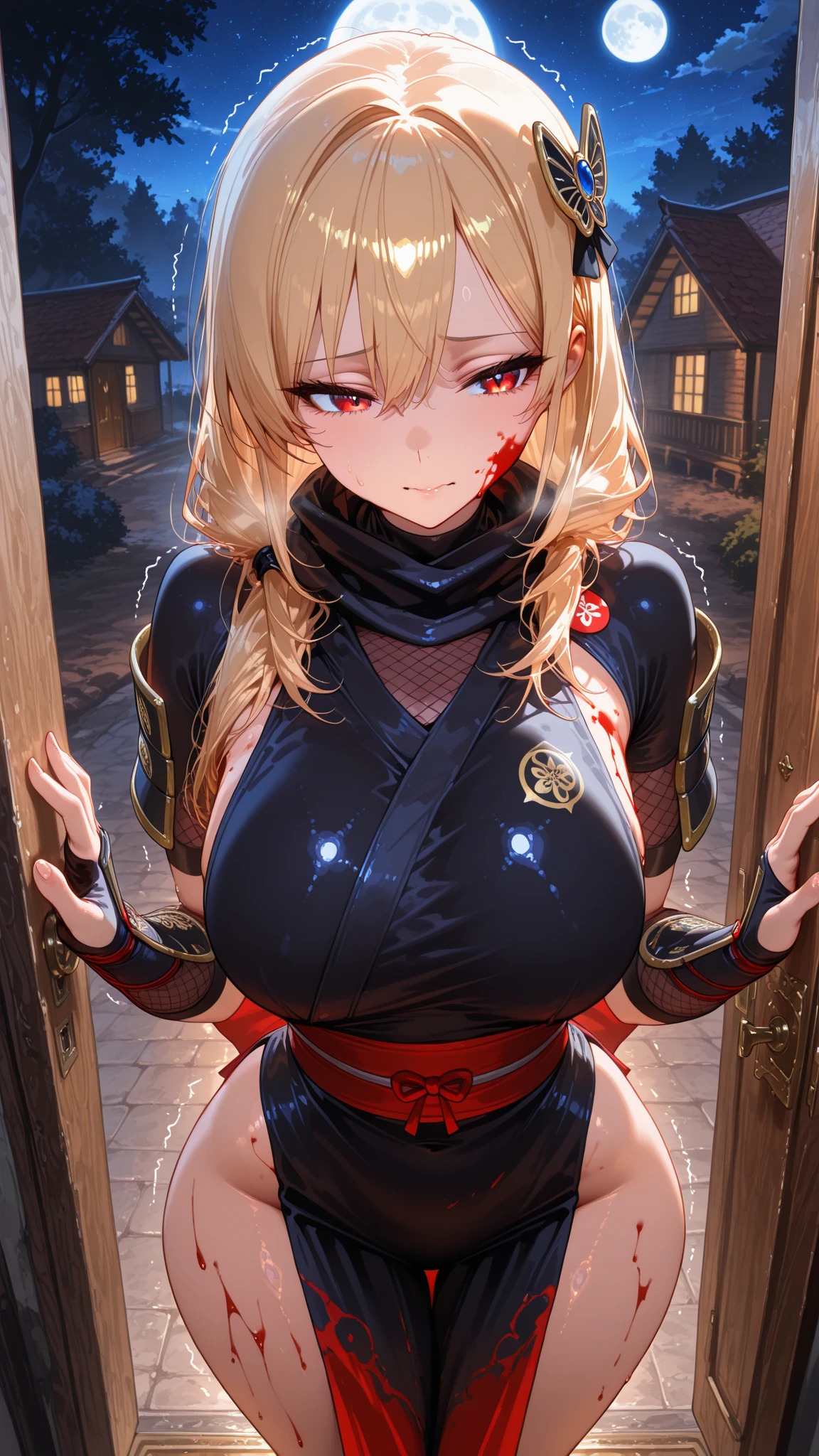 top-quality、Top image quality、​masterpiece、girl with((cute little、18year old、Best Bust、Medium bust、Bust 85,Beautiful blue eyes、Breasts wide open,Valley、Blonde long hair、A slender、disheveled black ninja uniform、He holds a sword in his right hand Japan、black and white color scheme、systemic return blood、Reflecting the whole body、Supine)）hiquality、Beautiful Art、Background with((Japanese-style room、The screen is covered in blood、Bloody tatami mats、Bloody fusuma、Shoji with blood)),masutepiece、Elaborate design、visualart、depth of fields、The best lighting、highestdetailed、8ｋ,、Art of Kurosawa World