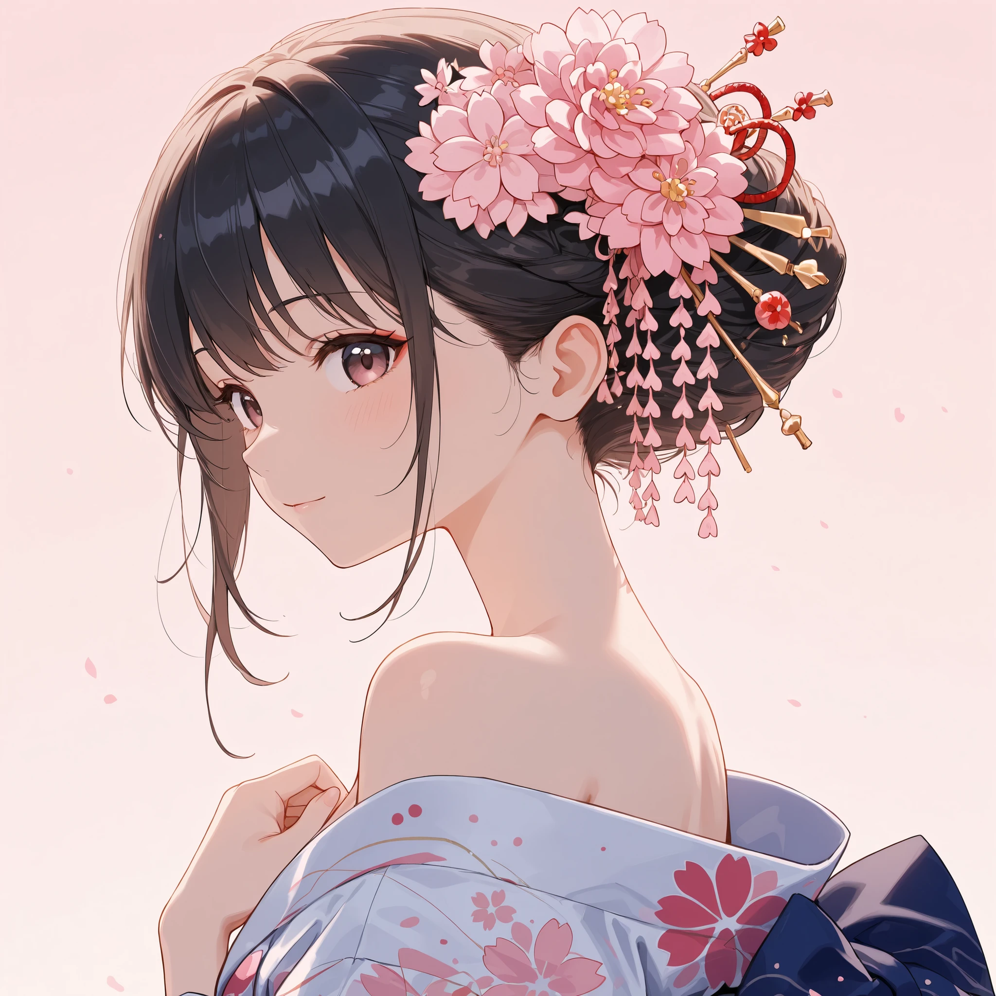 cute girl, shoulders up, face prominently featured, bright atmosphere, no background, kanzashi with sakura, yukata