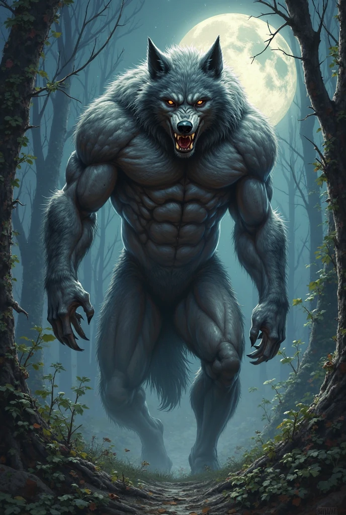 Make a furry werewolf with completely white fur plus realistic hairy hands with pupils of a common blue wolf without glowing showing the entire body, com musculos super enormes, pernas musculosas, muscular arms with defined abdomen and large chest, well detailed and hot inside a forest at night, posing attractively looking at the viewer, totally now, lua cheia full HD alta qualidade