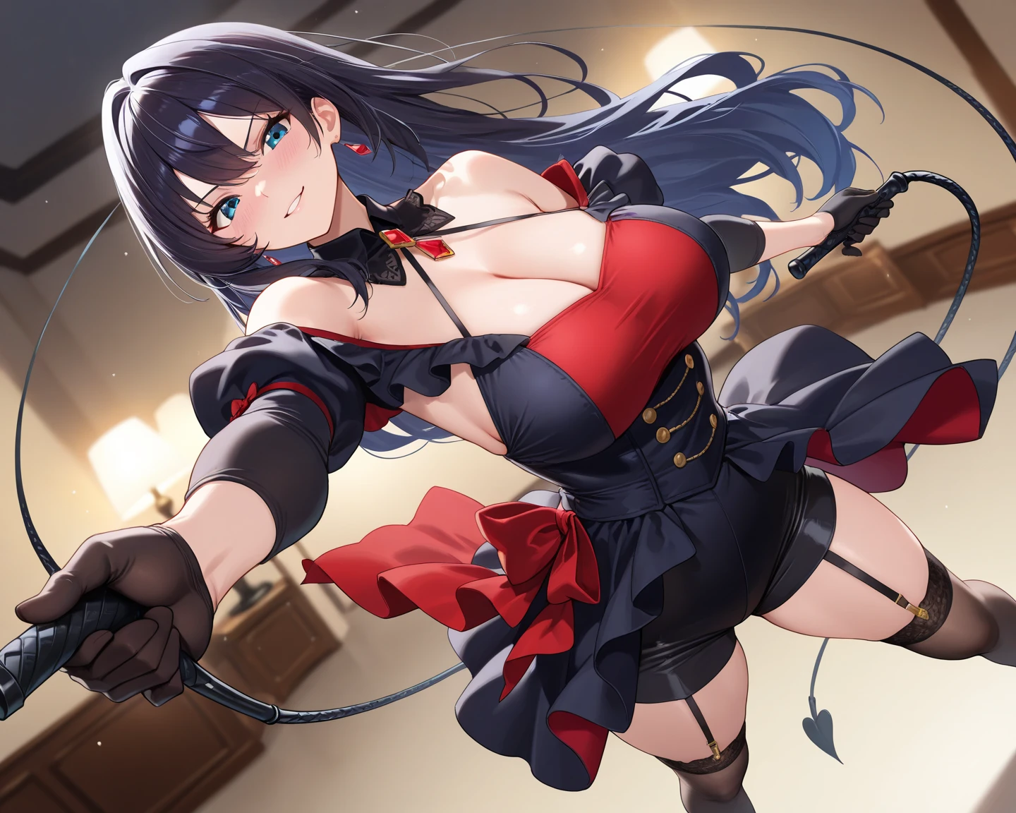 Anime style beutiful woman, 1girl,fullbody, happy, (with sparkling eyes and a contagious smile:1.2), red face, closed mouth, beautiful detailed eyes, super detailed skin, backlighting, bare shoulders, black background, black dress, black gloves, black hair, breasts, dress, earrings, fingerless gloves, floating hair, floral print, flower, gloves, gold earrings, gold hairband, hair flower, hair ornament, hairband, holding, holding weapon, jewelry, large breasts, long hair, looking at viewer, off-shoulder dress, off shoulder,red eyes, short hair with long locks, sidelocks, solo, spikes, thighs, two-sided dress, two-sided fabric, weapon, fighting stance , face, close up, from above, highest quality, high resolution,Real World, Natural light,perfect Natural light,looking at viewer,
