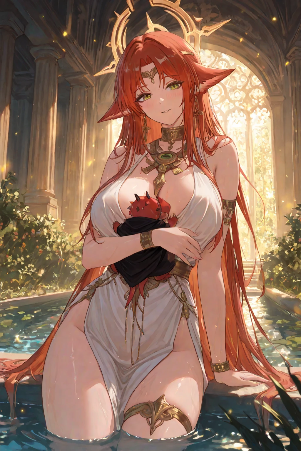 (masterpiece), best quality, ginger hair, red hair, scottish witch, scottish succubus, pendulous breasts, huge boobs, goddess , perky , ultra-detailed, (ethereal), (lady of the lake),(alluringly beautiful:1.2),(captivatingly sexy:1.3), floating, (vibrant:0.9+pastel:0.8) colors, (reflection on water:1.2), (mystical atmosphere), high resolution, dynamic angle, 2D illustration, (20 years old), red hair, hair ornament, smiling, (((squatting with legs spread))), freckles, (open chest, entirely white ultra-thin fabric, see-through ancient style robe), (the entire chest is see-through)), ((the tip of the chest is protruding)), (((without panties)), floating hem, collar, bangles , Anklet, Sandals, ((Close-up of a person, looking up from below, Close-up of the crotch, Exposed Sheer crotch), Wet Body, Wet Clothing, (cameltoe), Ancient Ruins Eroded by Vegetation, Waterside, Water Light, Magic Light, Starry Sky, Wind Blowing, ((red hair, freckles)), Ambient Occlusion, Halation