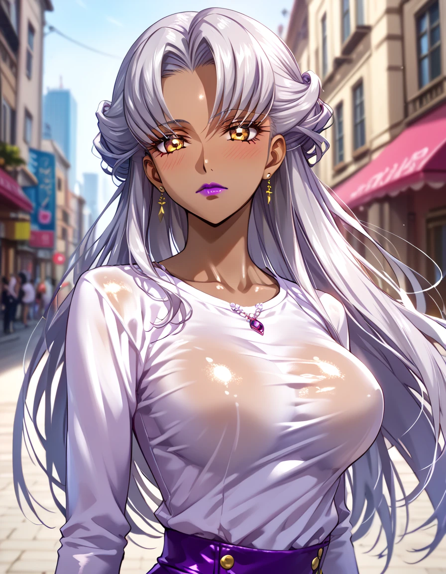 solo, 1girl, medium breasts, (dark skin:1.5), white hair, pixie cut, braided hair, yellow eyes, wide hips, looking at viewer, white dress, plunging neckline, cleavage, cute, idol, balcony, dancer, detailed eyes, seductive smile, happy, round breasts, perky breasts,  petite, gold, jewelry,