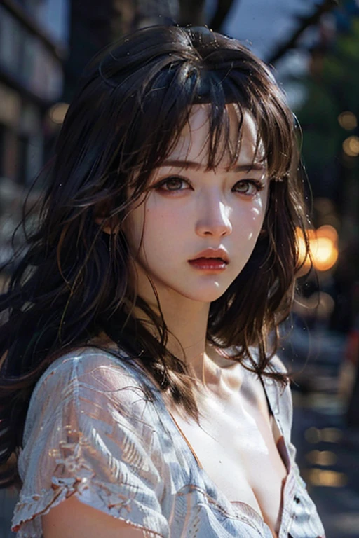 (masterpiece, ccurate, excellent light effect, anatomically correct, textured skin, super detail, award winning, 8k, dynamic perspective), (chiaroscuro, depth of field, cinematic lighting, ray tracing, vignetting, fisheye lens, (Big Hair, Expressive Hair, Shiny Hair), (Mole Under Eye, Eye Reflection, Aqua Eyes), (Smile, Blush)), (Girl in formal work clothes walking down the street, with cherry blossom trees on both sides of the street, (Business suit), (Long pleated skirt) , (lace trim, stockings), a large number of petals falling from the eyes, dignified and elegant, the background is the city night scene, the time is night), (the rendering is excellent enough to stand out from the same kind), (big breasts: 2.0), (delicate hairstyle), (puffy eyes), (eyelashes: 1.1), (lips: 1.1), (oil skin: 1.2), red lipstick, (cleavage: 1.1), (black skin), night view, night city