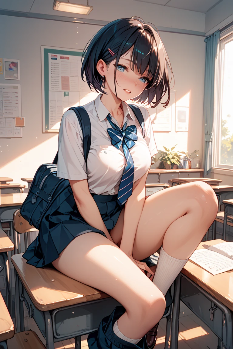 no panties,school uniform,cute face,embarrassed,bob hair,from below,in the classroom,high quality,squatting,black hair