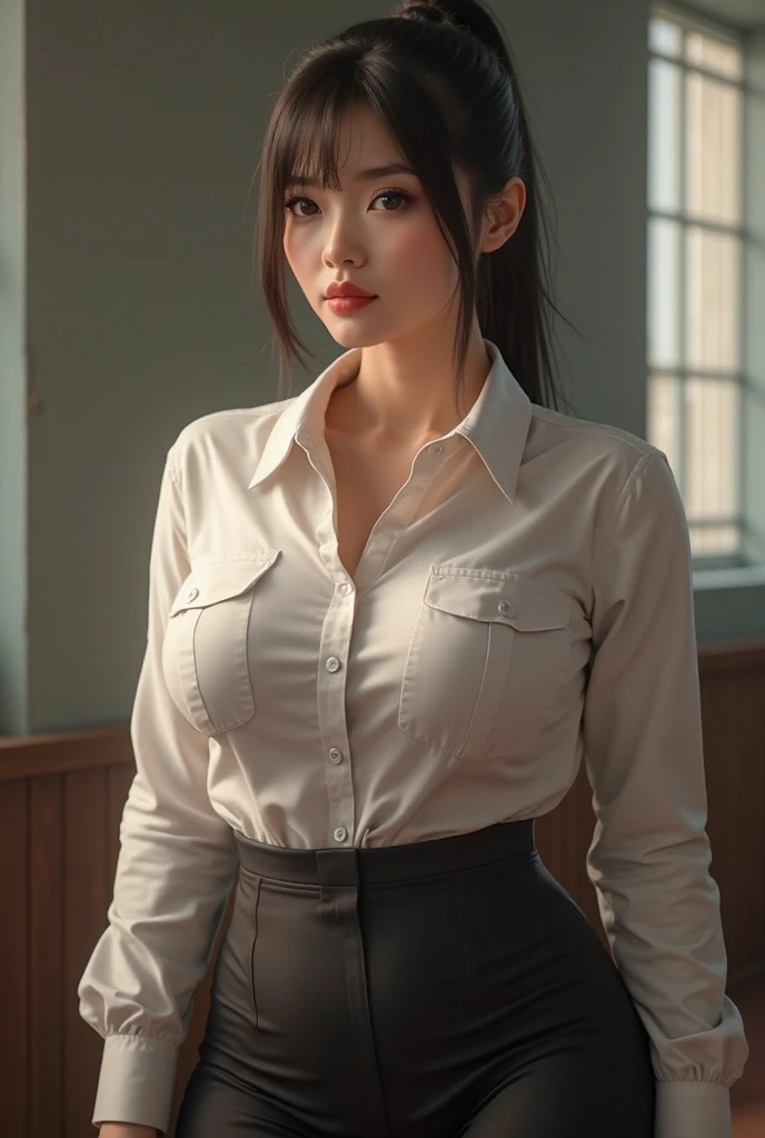 1girl, masterpiece, high resolution, extreme detail, nvidia rtx, 8k, hdr, beautiful 20 year old with dark skin, sitting on a desk, legs spread apart, thighs spread apart, auburn hair , hair in side ponytail, cheeks blushing, very dark lipstick, sweater, ((black blouse:1.5)), ((unbuttoned:1.5)), ((unzipped:1.0)), bra:1.0, ((pink panties:0.8)), scarf, ((grey mini skirt:1.2, red)), ((tights:1.2, white)), large breasts, cleavage:1.0, hair in large bun, outdoors, college classroom, sunlight, sunbeams, volumetric lighting, dynamic lighting, subsurface scattering, high contrast, 3/4 long shot, cowboy shot, shot from below, low angle shot, sexy pose, seductive pose, dark skin