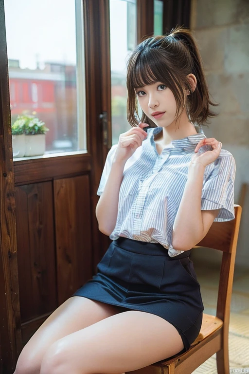 ((1 girl)), (Best quality: 1.5), (Realistic: 1.5), (1 person: 1.5), full body, Highly detailed, High resolution, 8k, Natural colored lips, Cute smile, Japanese woman, 18 year old girl, Beautiful and graceful features, Perfect and beautiful face, Big eyes, Brunette eyes, Beautiful and graceful features, Natural double eyelids, Natural bangs, Beautiful thin nose, Beautiful skin, Medium bob hair, Short ponytail hair, Natural bangs, Slim face and figure, (Looking at the camera with a relaxed expression), Japanese high school girl, Beautiful collarbone, Looking forward, Sexy pose, Fair skin, Slim, Glowing skin, Beautiful skin, (slightly saggy medium breasts), (High-school uniform), (Low-rise pleated micro mini skirt:1.5), semi-transparent school shirt, (garter belt), (knee-length lace stockings with lace), (Sexy Panties:1.2), (panty shot:1.2), Luxury kitchen, (The best lighting:1.5), Cleavage, (a big ribbon tie on the chest), (a short-sleeved tight shirt), (stand with your legs apart:1.2), (skirtlift:1.2), Hold up the hem of your skirt with your hands,

