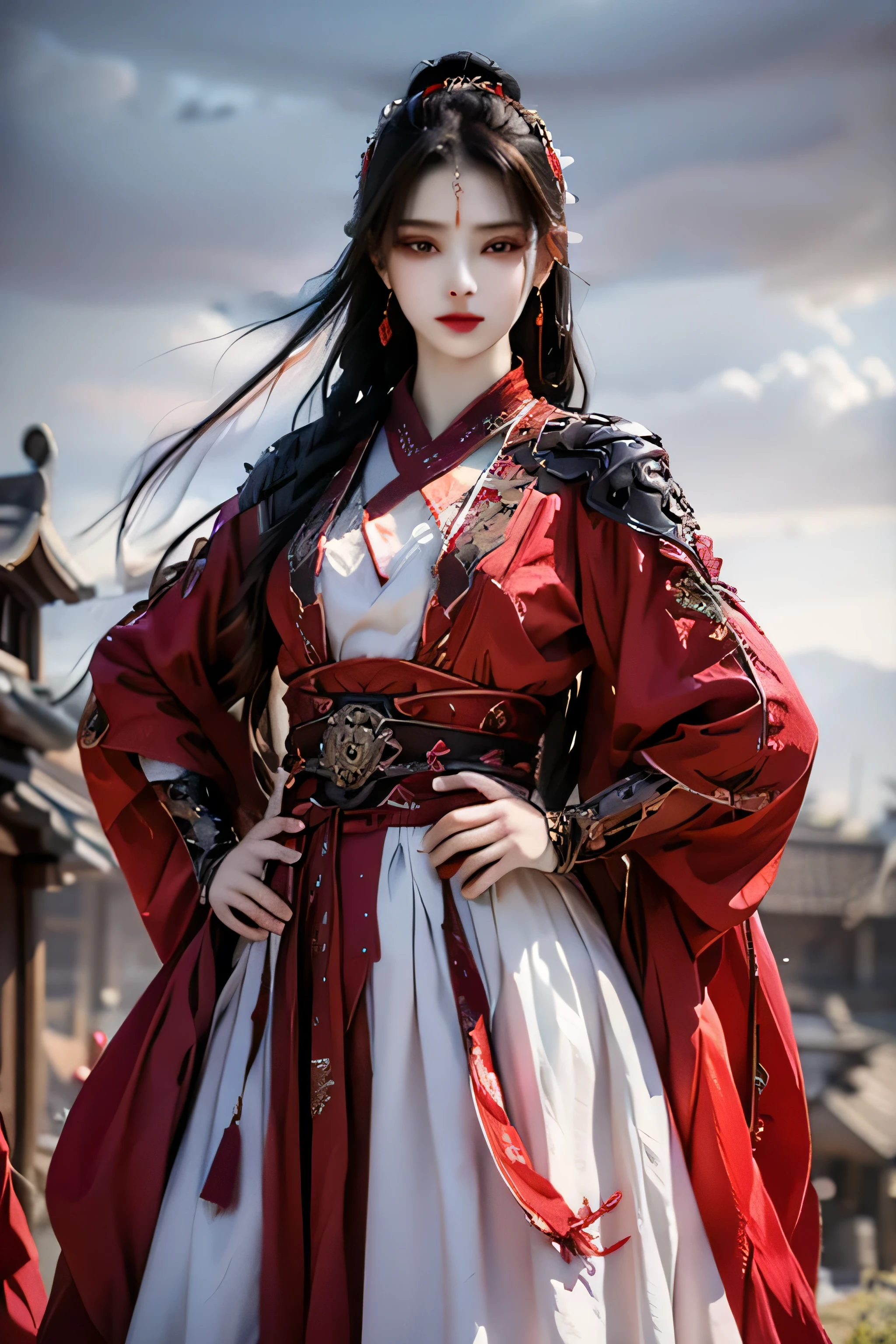 best quality, masterpiece, highres, official art, extremely detailed cg unity 8k wallpaper, jiapliqiao, 1girl, long hair, 1girl, jewelry, solo, hair ornament, makeup, realistic, ((white dress)), ((devilish smile)), one hand on the hip