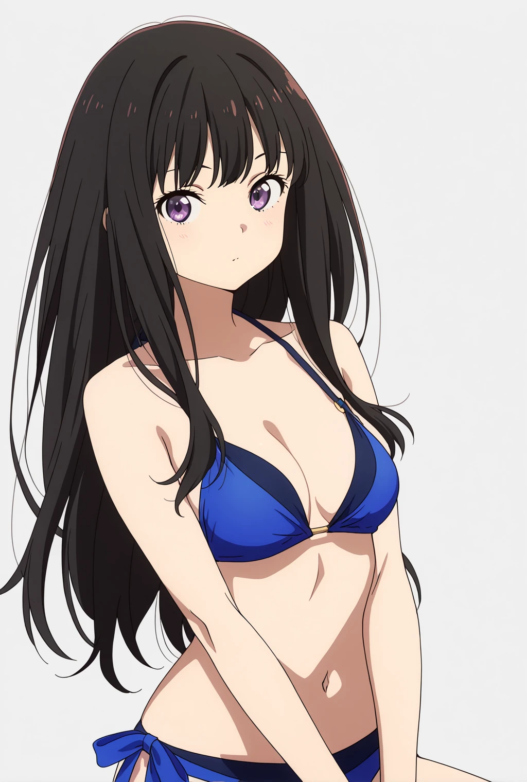 (masutepiece, Best Quality, High resolution:1.5, anime colours, megami magazine:1.2, anime poster style, anime keyvisual, sharp, 8k, photorealistic), (beautiful detailed eyes:1.5, beautiful detailed face:1.2), madoka ayukawa, 1girl, blush, (black hair, Long Hair), (sagging large breasts, underboob), (white bikini), (denim short), upper body, (Perfect detailed Anatomy, beautiful detailed hair, beautiful detailed body:1.2, shiny skin), (thick outline, Beautiful outlines, black outlines), simple background