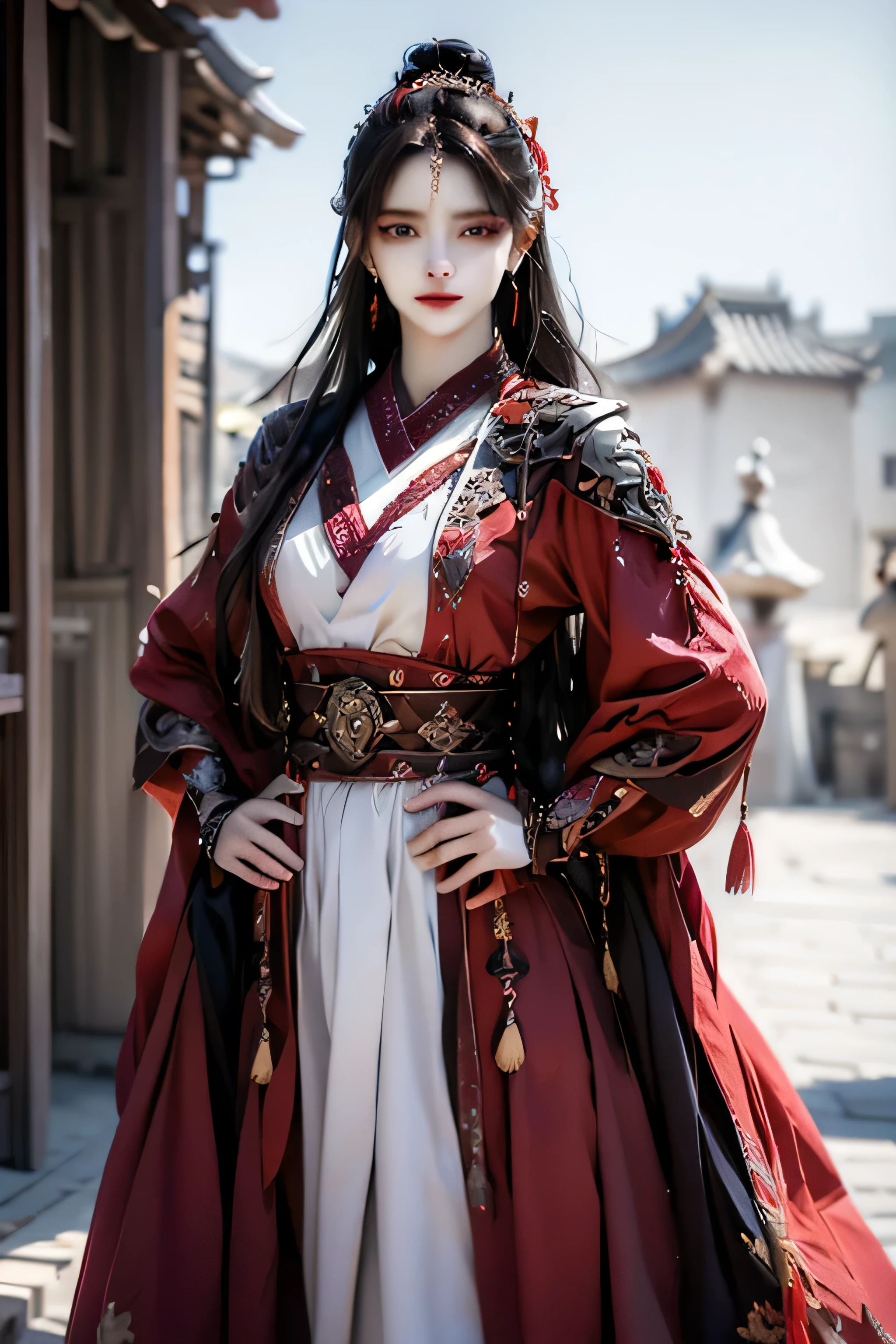 best quality, masterpiece, highres, official art, extremely detailed cg unity 8k wallpaper, jiapliqiao, 1girl, long hair, 1girl, jewelry, solo, hair ornament, makeup, realistic, ((white dress)), ((devilish smile)), one hand on the hip