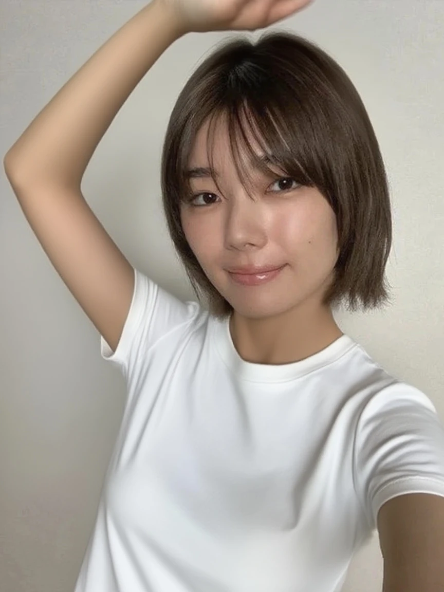 Look into the eyes, Eye contact, Front of face, Front face, face, head, Cross-legged, indoor, Brown Hair, bangs, Light clothing, Black tank top, Sweat, Sweaty, Sweaty, clavicle, Cross-legged, Light from below, Chest, Earrings