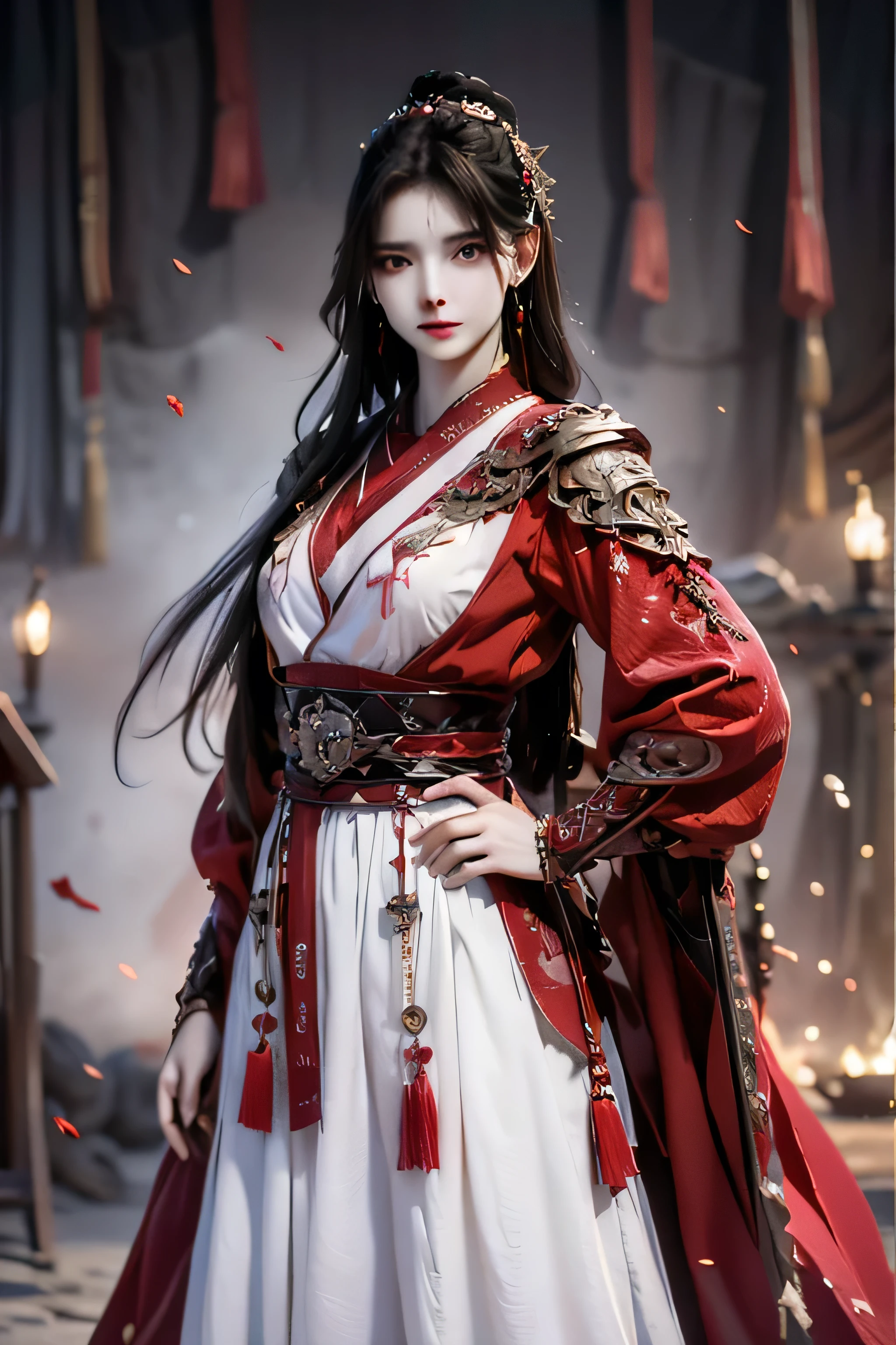 best quality, masterpiece, highres, official art, extremely detailed cg unity 8k wallpaper, perfect face, perfect hands, jiapliqiao, 1girl, long hair, 1girl, jewelry, solo, hair ornament, makeup, realistic, ((white dress)), ((devilish smile)), one hand on the hip