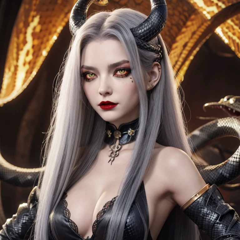 In a masterful display of artistic prowess, Lucifer from Helltaker emerges as the focal point of a hyper-realistic 8K human portrait. Clad in a formal suit featuring a striking red shirt, black pants, and a matching black necktie, she commands attention with her serene expression and captivating smile, her gaze fixed directly upon the viewer. The oval-shaped contours of her face, adorned with high cheekbones and a refined nose, exude an aura of elegance and sophistication. Her eyes, almond-shaped and bewitching, mesmerize with their striking red crimson irises, framed by gracefully arched eyebrows and thick, voluminous lashes that curl upwards. Luxuriant waves of light-white hair cascade around her, catching the light in subtle platinum highlights, while her smooth, porcelain-like skin radiates a subtle glow, suggesting vitality and allure, an elegant mix of botanical and geometric patterns that enhance her already captivating presence. Her attire, a black dress accentuated by a matching choker around her neck, serves to underscore her beauty and sophistication. Standing tall and confident, Lucifer possesses very large bosoms, fitting into an I-sized cup, which accentuate her figure and add to her allure. Rendered with meticulous attention to detail and realism, this portrait captures every nuance of Lucifer's appearance, from the delicate contours of her face to the subtle textures of her clothing and skin. Set against a deep matte black background, she stands as a timeless symbol of beauty and allure, her dynamic pose and perfect anatomy drawing the viewer into her world. This high-resolution masterpiece transcends mere artistry, offering a glimpse into the depths of Lucifer's character and personality. With its cinematic composition and meticulous attention to detail, it stands as a testament to the artist's skill and vision, a true masterpiece in every sense of the world. full body
