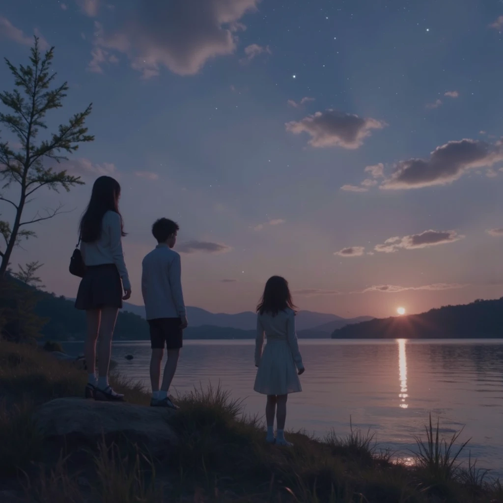 Beautiful starry sky、night、River bank、Riverside、male、Back view、、Sitting、Friendship、summer