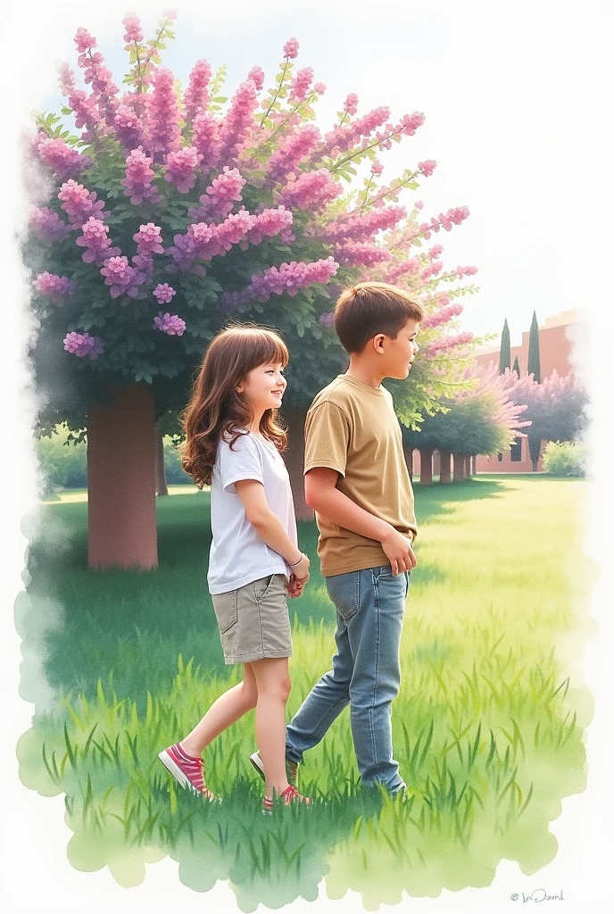 The image depicts a naturally charming setting, com um menino e uma , walking hand in hand in a well-tended garden. The garden is characterized by a variety of flora, incluindo arbustos floridos, leafy trees and a dense cover of green grass. A luz do sol, suavizada por nuvens dispersas, banha o ambiente, creating subtle shadows on the ground. O menino veste uma camiseta azul clara e jeans, enquanto a usa um vestido estampado floral. Both are barefoot, allowing them to feel the soft texture of the grass beneath their feet. Their faces radiate joy and innocence, evidenciando sorrisos sinceros enquanto desfrutam da companhia um do outro neste ambiente sereno.