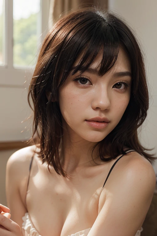 revealing clothes,Lace feminine mesh Plunge leotard、When the face and body turn towards the viewer、Cute 18 years old、(ferocious、High resolution)、Ultra high definition illustration、1 girl、(Plump:1.0)、wavy hair、apricot colored hair、short bob hair、Glossy skin、(Glitter pupil:1.2)、(make:1.0)、(lips:1.1)、cute smile、((body facing towards the viewer:1.1))、(cleavage)、腰から上の写真、