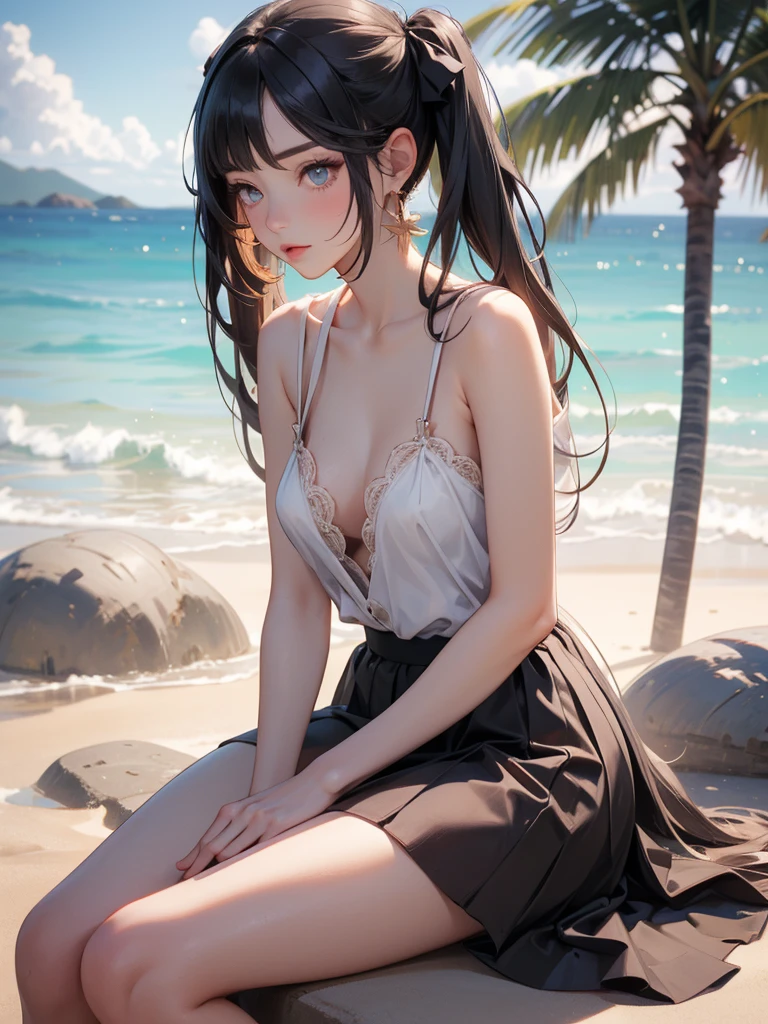 masterpiece, rich colors, Best quality, detailed, high resolution, Hyper quality, high detail, , high quality, detailing, skinny sexy girl on the beach , bright lighting , green eyes, Anime, palm trees, bright lighting,