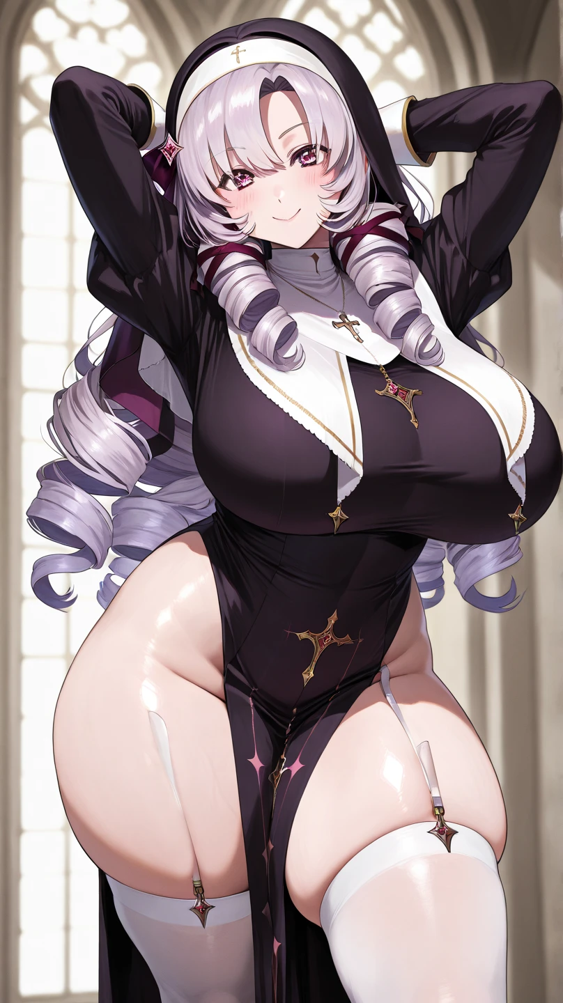 High resolution, Sister New devil, Maria Naruse, 1 girl, ((bimbo))), long white hair, purple eyes, thick lips, evil smile face, wide hips, thick thighs, enormous round fake breast, huge round ass, oily shiny skin, thick, black purple shade latex top, belts, underboob, posing, squishy breasts, breasts posing, black panties, huge nipples,