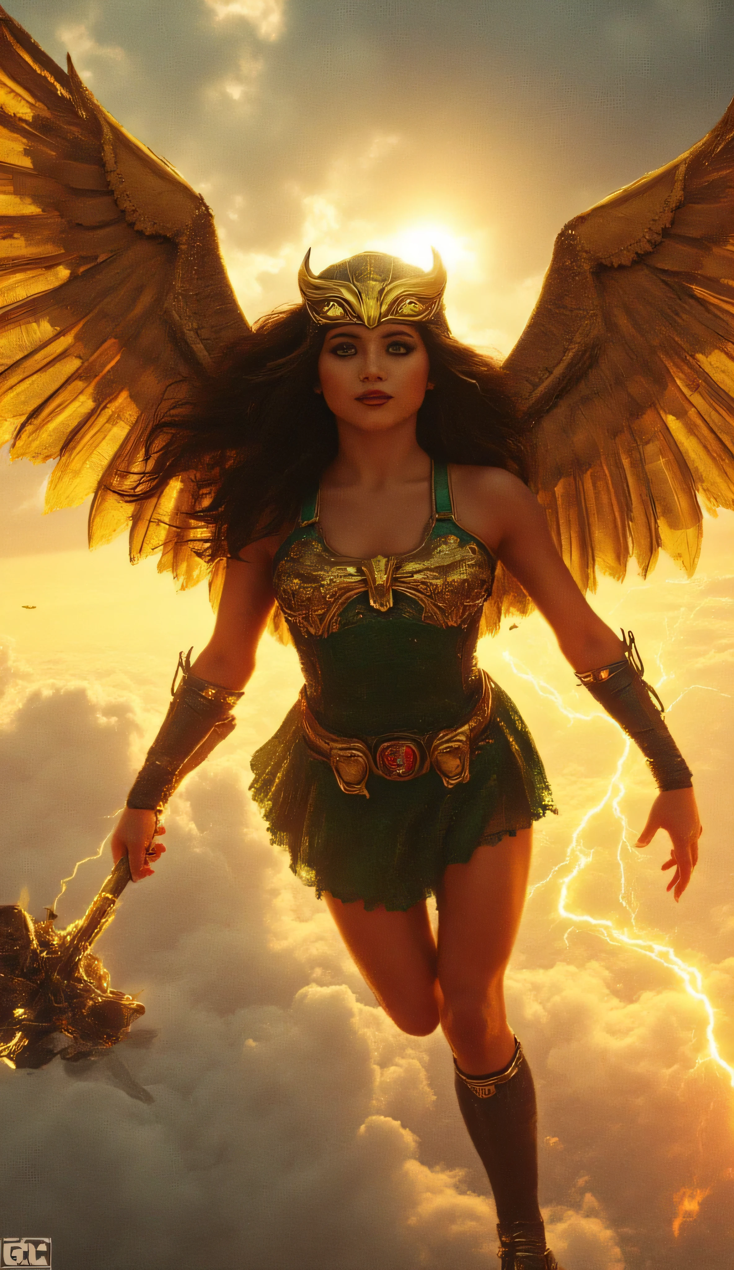 Isabela Merced as Hawkgirl, DC universe, fierce superheroine, flying through stormy sky filled with lightning, toned athletic body, wears golden hawk-shaped helmet with sharp black details, eyes glowing through the visor, large golden-feathered wings spread wide, soars powerfully above the clouds, green and gold armored costume with a metallic chestplate, bracers, boots, belt with a red emblem, wields spiked mace crackling with energy, dramatic lightning strikes, glowing clouds at sunset, epic and powerful atmosphere, highly detailed, digital art style, dynamic pose, glowing highlights, heroic intensity