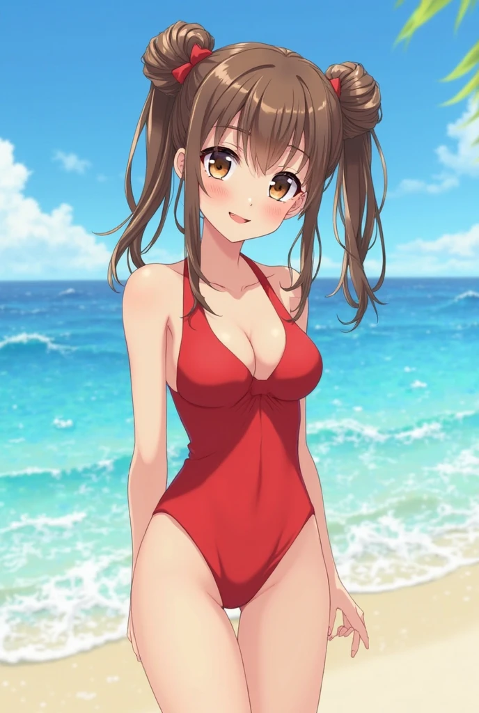 (ultra detailed)(master quality)(RAW Photos))(8K)(Realistic, photo Realistic:1.2)(ultra detailed anime)(anime style) ((Highest quality)),(Takagi-san)(Ms. Takagi who is good at teasing)(Sandy beach On the sand)(close shot)(ultra detailed eyes)(Perfect child Anatomy)(Real human skin)(red leotard)(little girl)(7 years)(small tits)