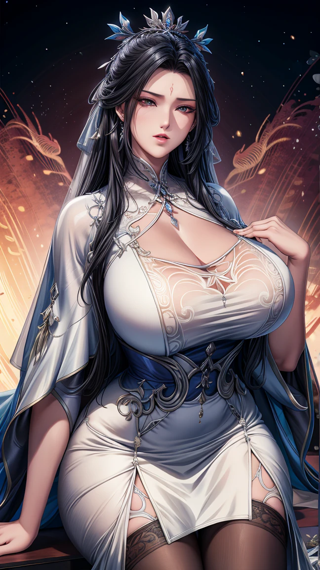(Hyperrealistic), (illustration), (high resolution), (8K), (Extremely detailed), (Best Illustration), (Beautiful detailed eyes), (Best quality), (Ultra-detailed), (Masterpiece), (the wallpaper), (Photorealistic), (Natural light), (rim lit), (Detailed face), (Highly detailed realistic skin textures), (Anatomically correct), (Solo), (1 girl), (high detailed realistic hair), (Blue hair:1.2), spiked hair, (Heterochromic eyes), (detailed green eyes), (Small moles under the eyes), (Realistic big breasts:1.5), (Exposed breasts:1.3), (Long legs), (Slender abs), (Dynamic pose), (Closed mouth:1.3), (traditional Hanfu attire), (Sheer clothes:1.5), NSFW,nakeness,Bare lower body,Bare breasts,Camel toes,bikini, ((show breast, show nipples, clean areola))