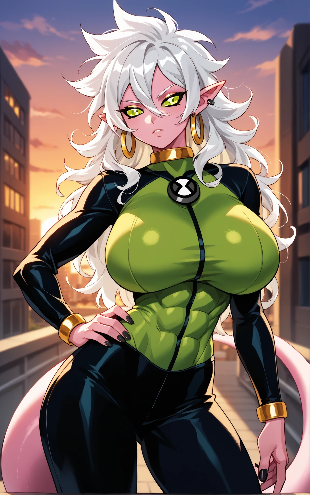 {{masterpiece, ultra-high quality, professionally detailed, professionally shaded}},
1girl, big hair, black sclera, curly hair, jewelry, monster girl, neck ring, pink skin, green eyes, spiked hair, white hair, hoop earrings, long hair, pointy ears, tail,huge breasts, hair between eyes, yellow choker, black nails, nail polish, colored sclera, messy hair, colored skin, abs, toned, earrings, black sleeves,
(contrapposto, hand on hip), sunset, sidelighting, cityscape, vanishing point, outdoors , depth of field, solo, black pants, green bodysuit, ben10