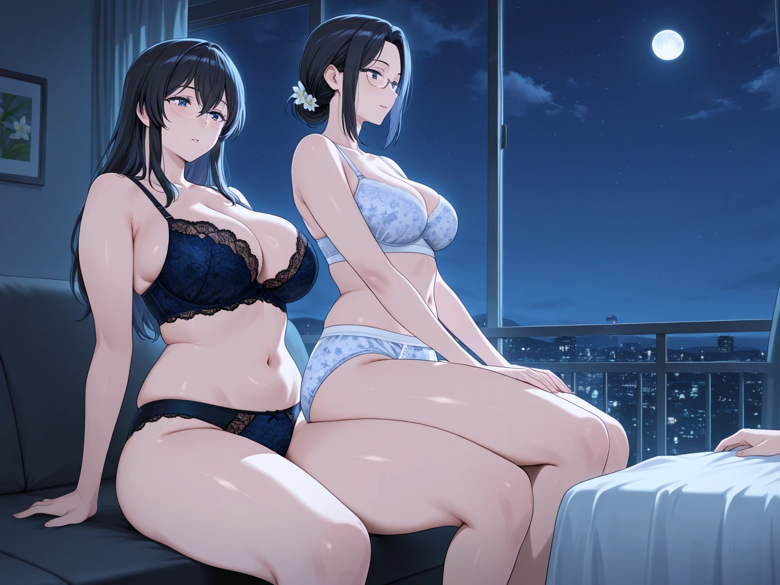 2girls, black hair, red bikini, GTScity, giantesses, city, buildings, Sitting on Building