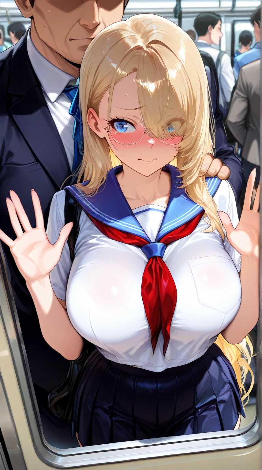 (masterpiece, best quality, ultra-detailed, high resolution, detailed eyes), nsfw, {{{{from behind:2.0}}}}, takeda hiromitsu style, (1girl), {school uniform, sailor suit}, curvy body, large breast, showing off nipples, tall, blonde long hair, curly hair, blindfold, on all fours, showing anal, collar on leash, corridor in school, sweaty skin,  (faint light:1.0), (drool:1.2), love juice, embarrassed